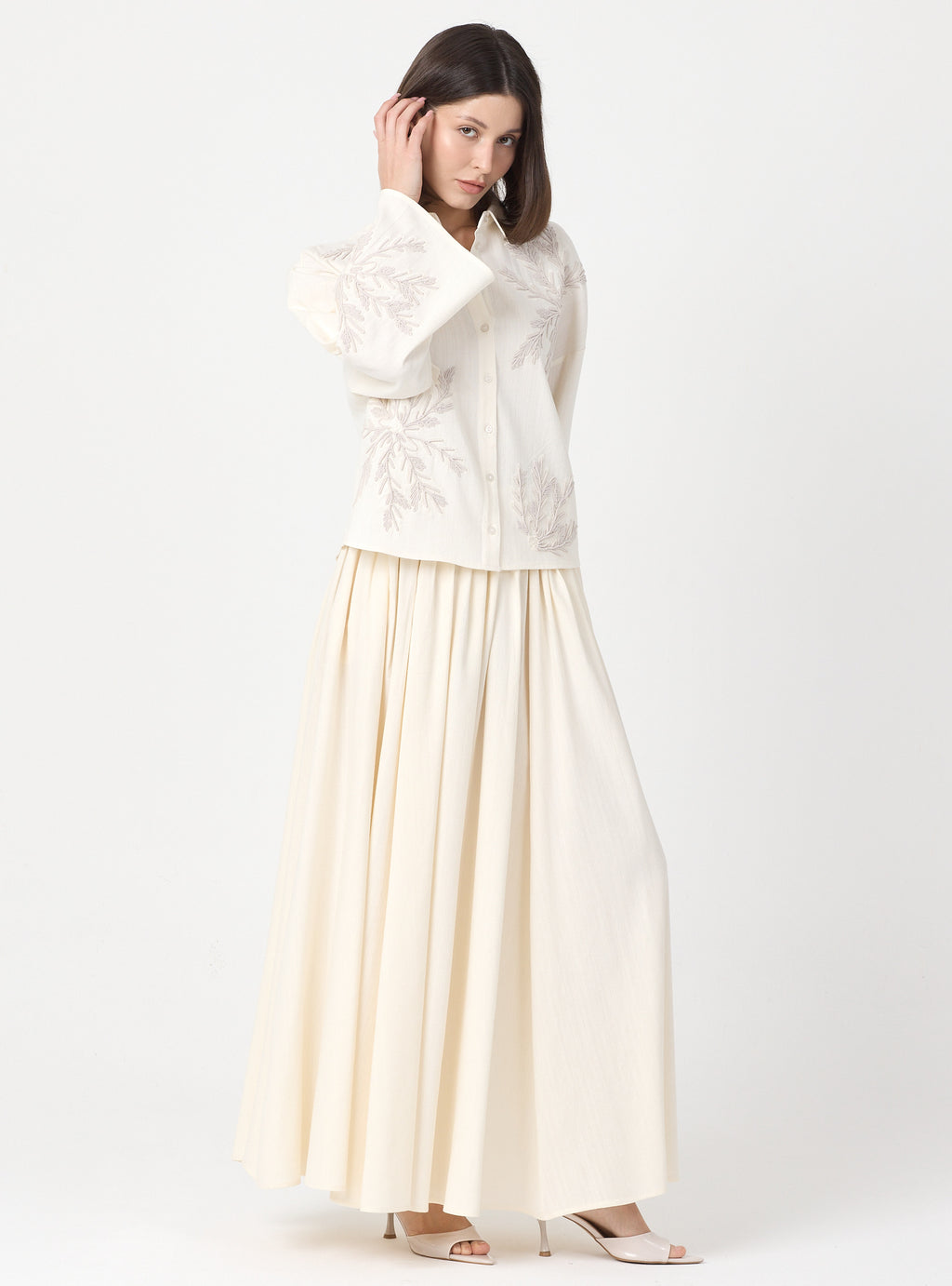 Ivory Embroidered Cotton Shirt & Skirt Set