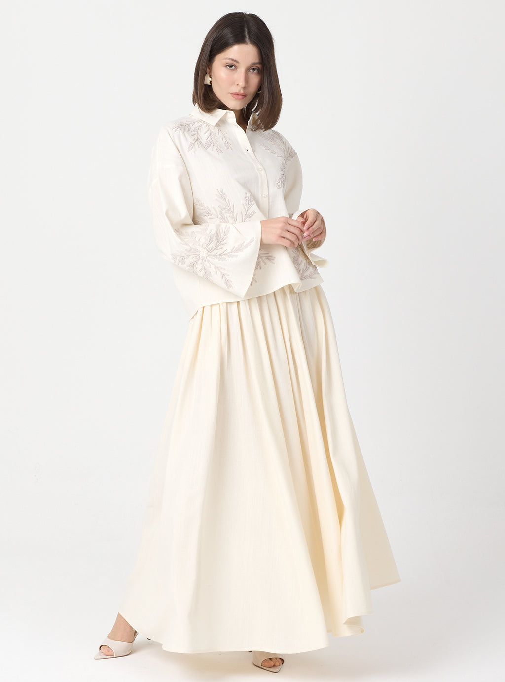Ivory Embroidered Cotton Shirt & Skirt Set