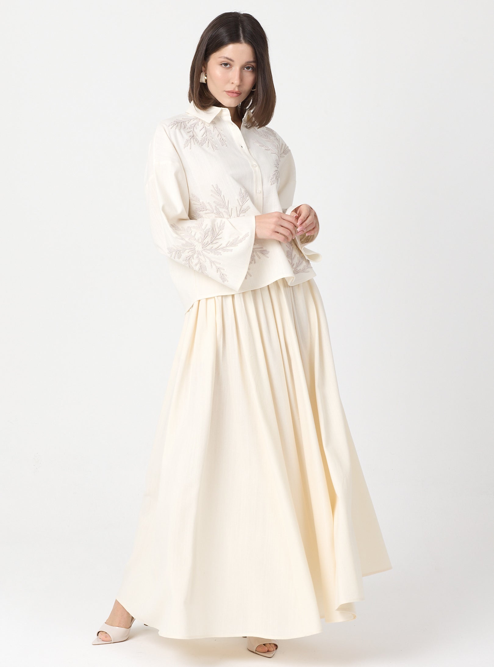 Ivory Embroidered Cotton Shirt & Skirt Set