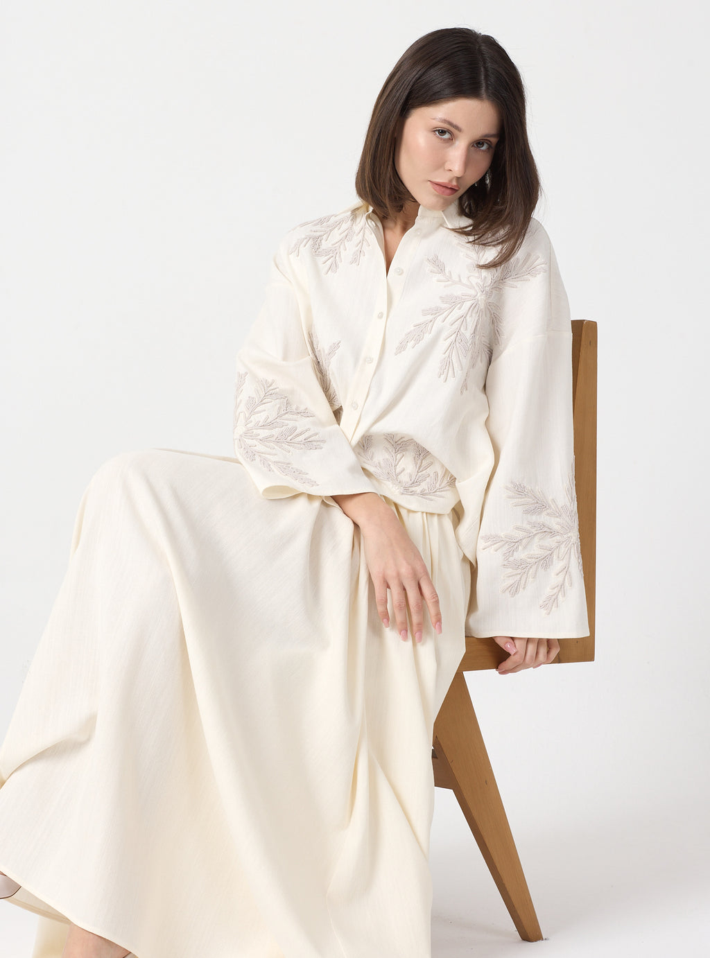 Ivory Embroidered Cotton Shirt & Skirt Set