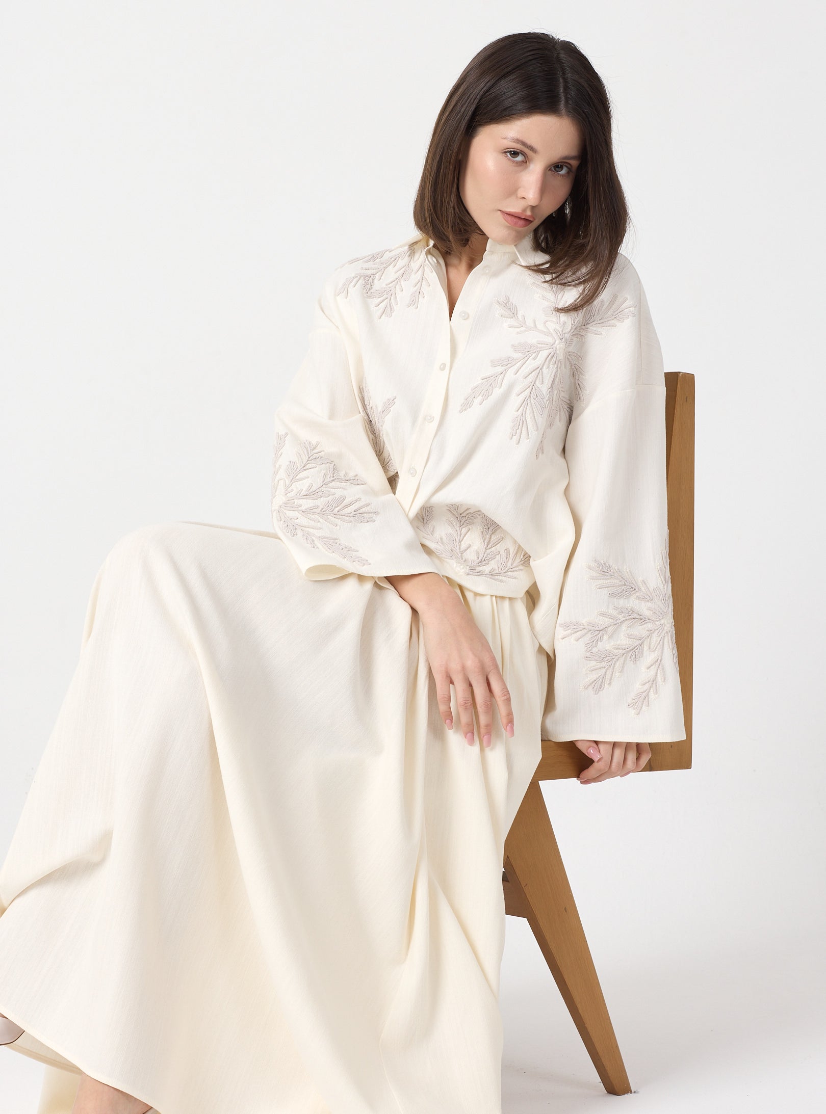 Ivory Embroidered Cotton Shirt & Skirt Set