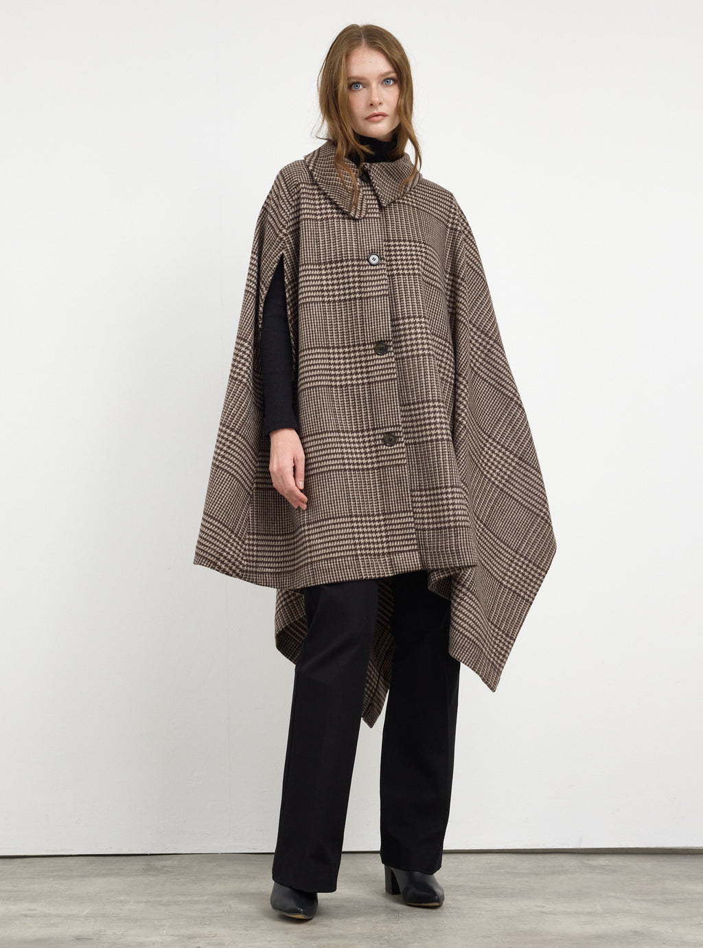 Brown Checked Wool Cape Jacket - Store WF