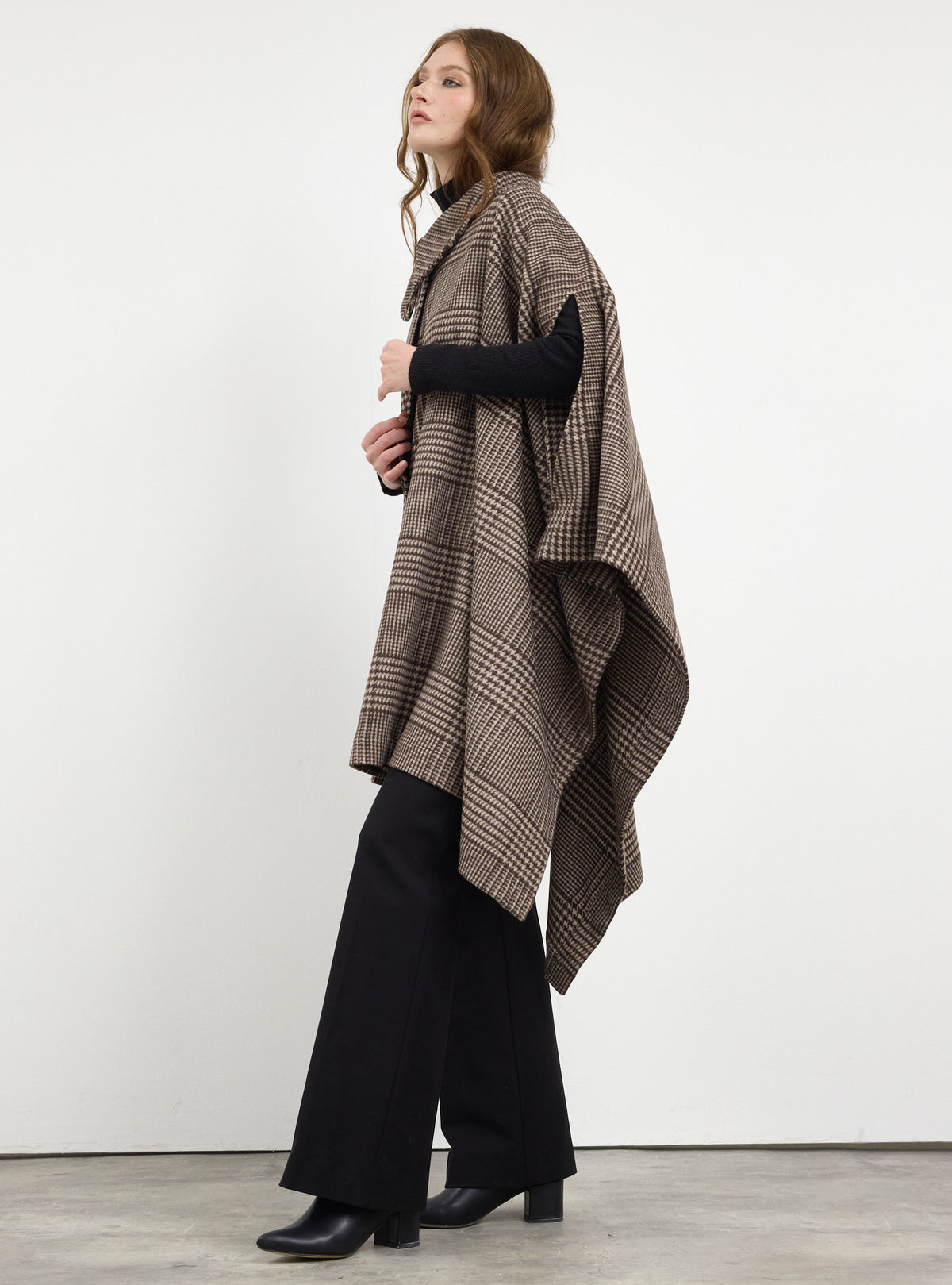 Brown Checked Wool Cape Jacket - Store WF
