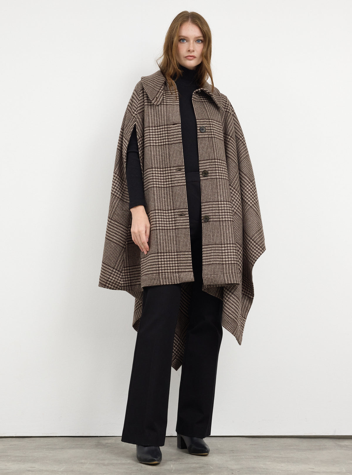 Brown Checked Wool Cape Jacket - Store WF