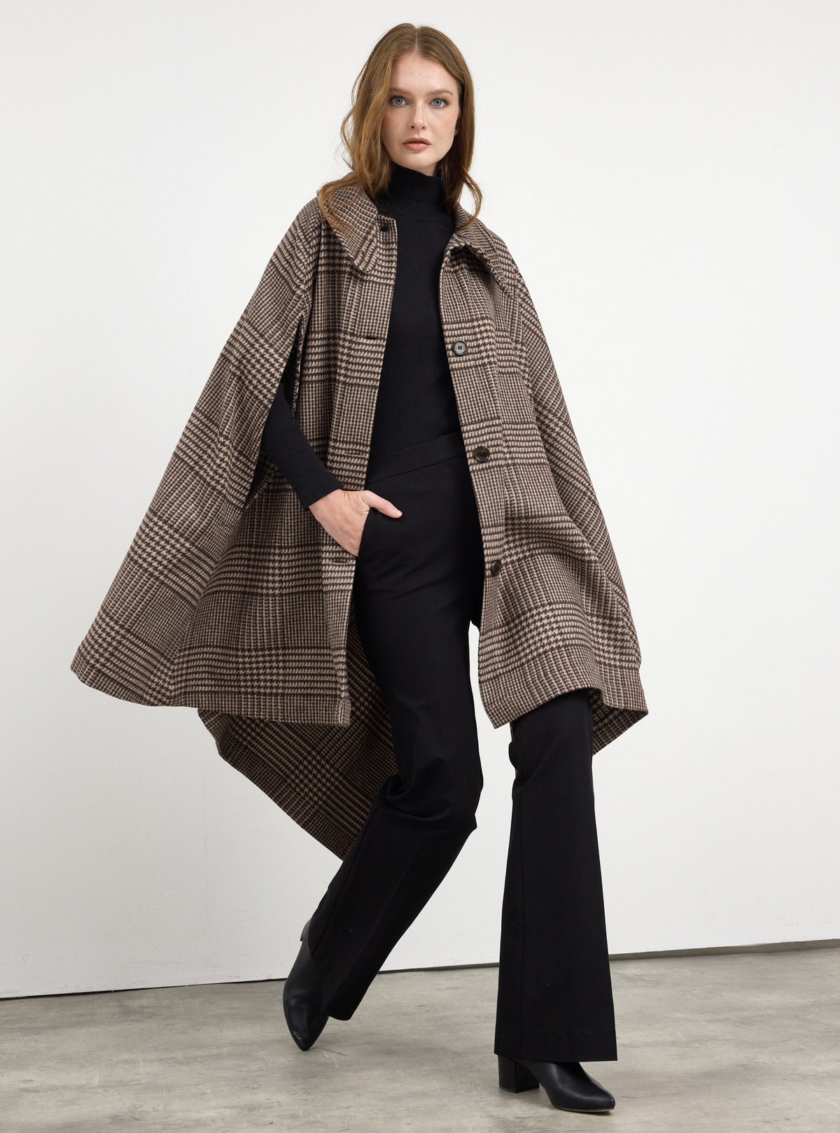 Brown Checked Wool Cape Jacket - Store WF