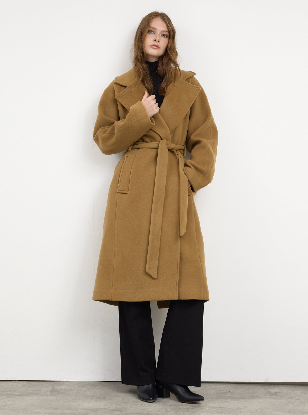 Camel Oversized Double-Breasted Wool Long Coat