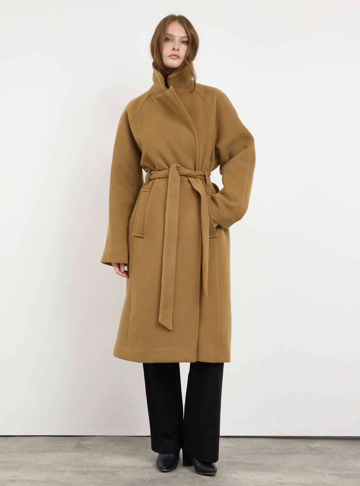 Camel Oversized Double-Breasted Wool Long Coat