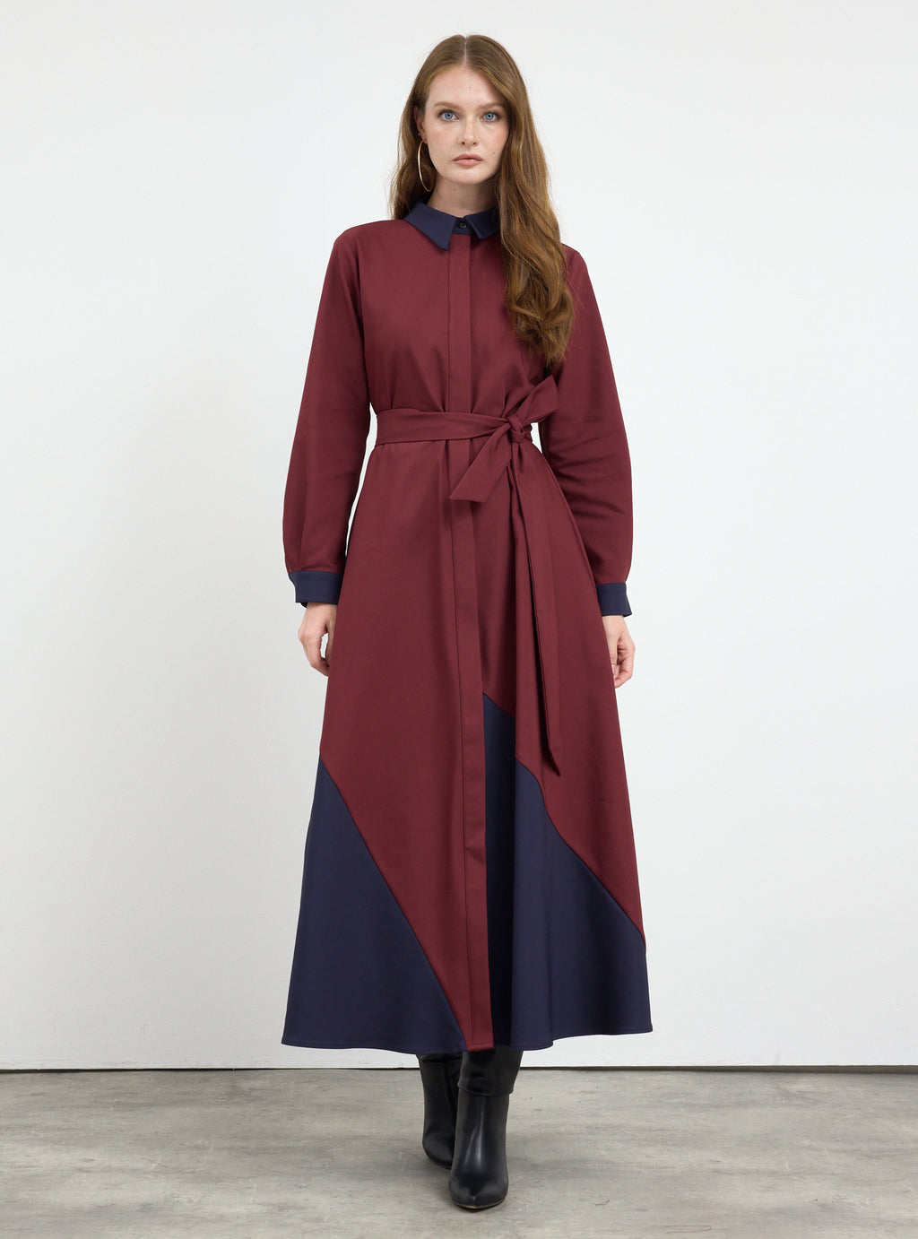 Burgundy Color Block Belted Maxi Dress - Store WF