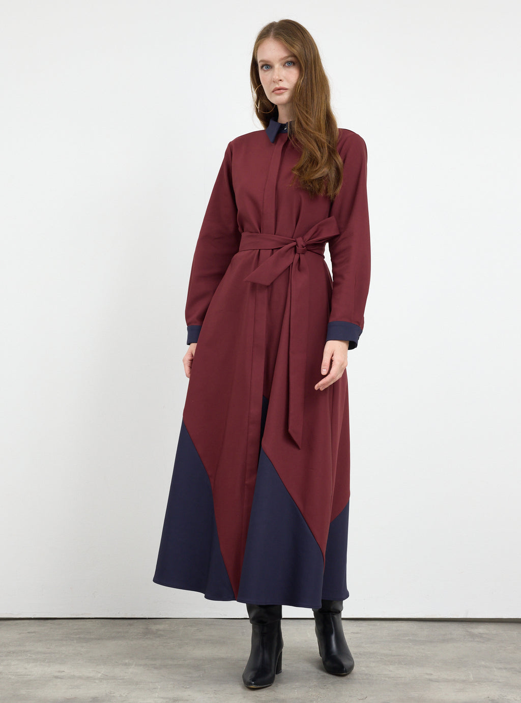 Burgundy Color Block Belted Maxi Dress - Store WF