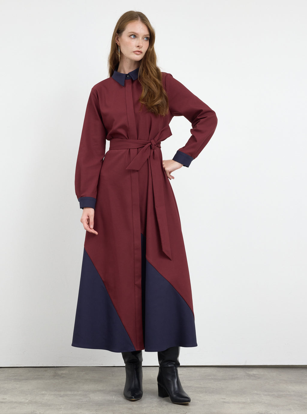 Burgundy Color Block Belted Maxi Dress - Store WF