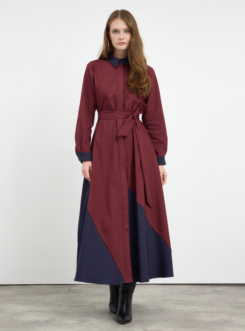 Burgundy Color Block Belted Maxi Dress - Store WF