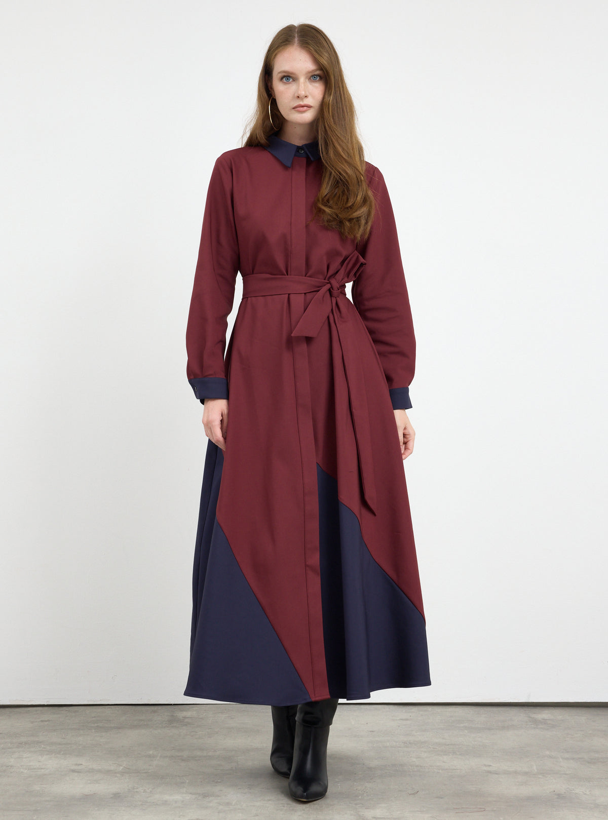 Burgundy Color Block Belted Maxi Dress - Store WF