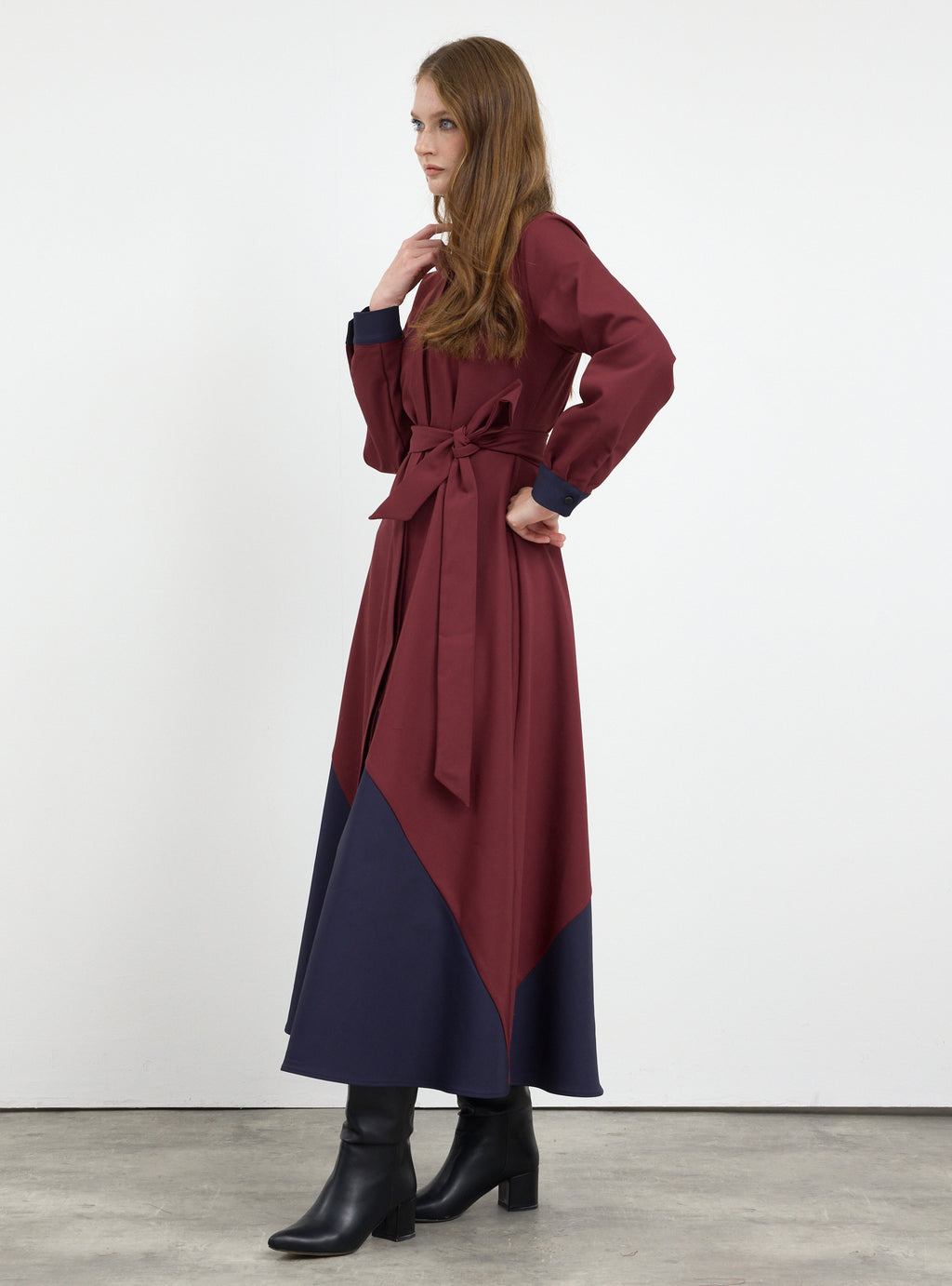 Burgundy Color Block Belted Maxi Dress - Store WF