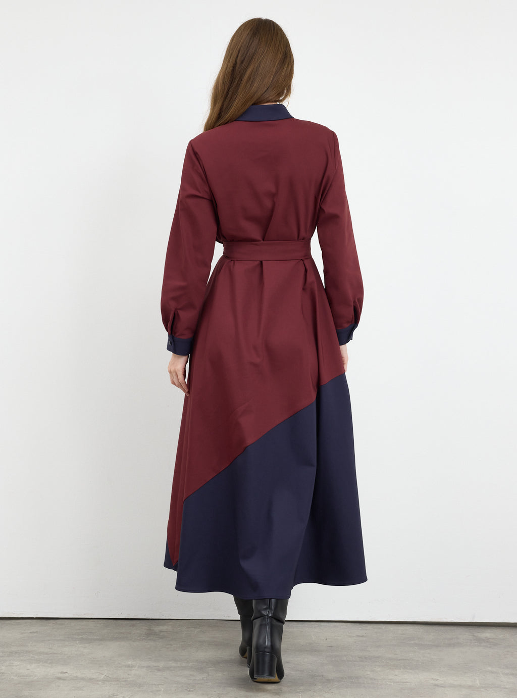 Burgundy Color Block Belted Maxi Dress - Store WF