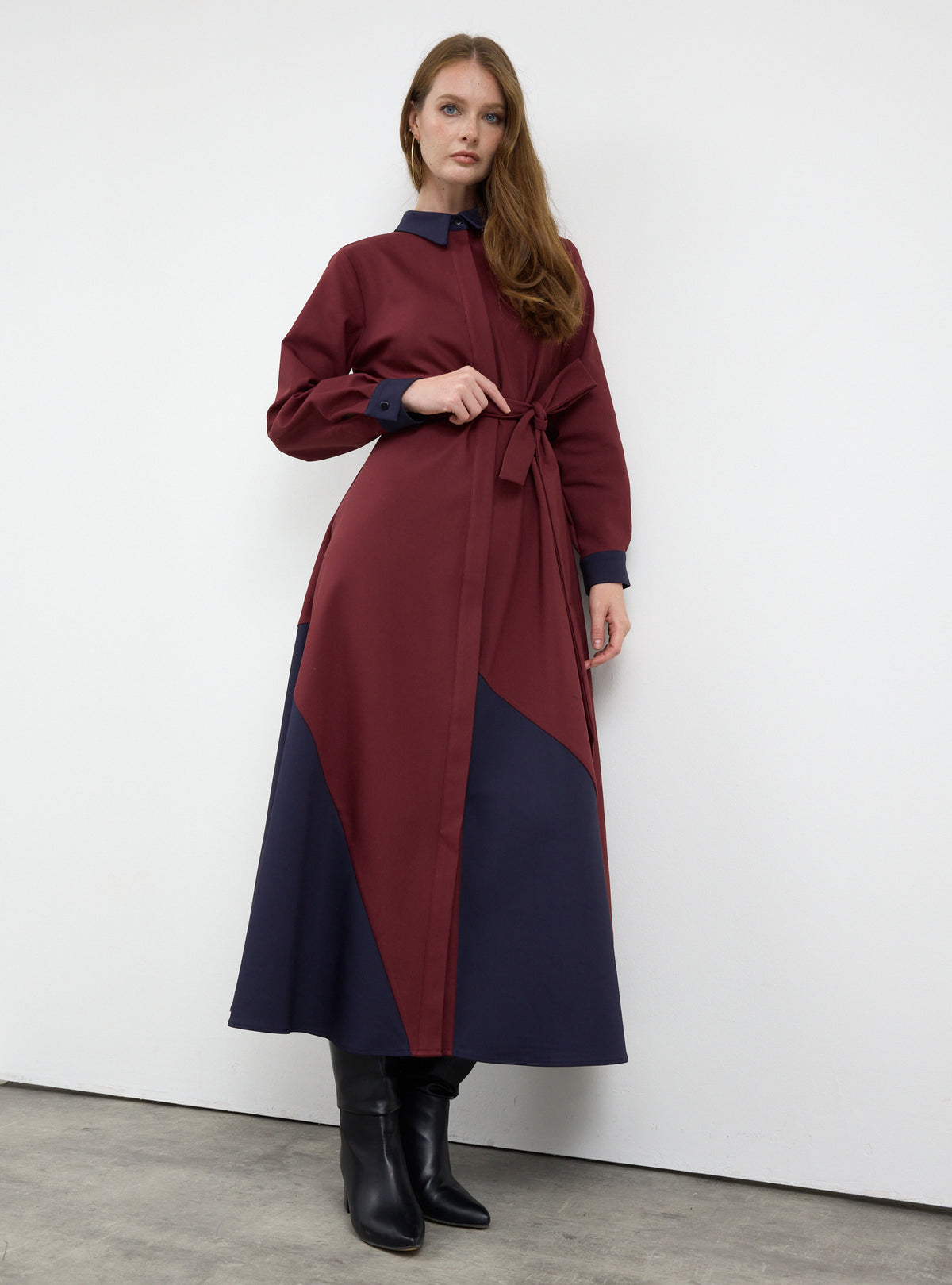 Burgundy Color Block Belted Maxi Dress - Store WF