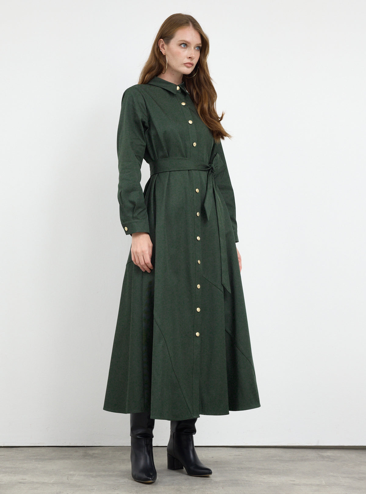 Gold Button Slit-Hem Belted Maxi Dress - Store WF