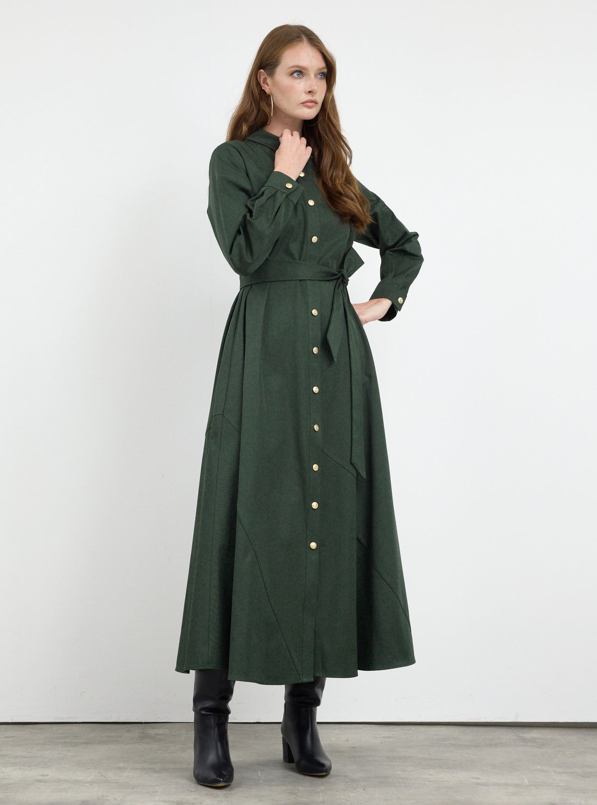 Gold Button Slit-Hem Belted Maxi Dress - Store WF