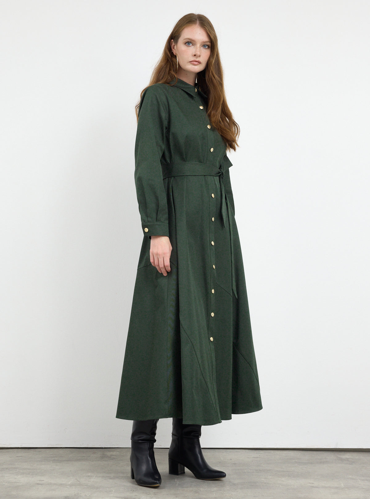 Gold Button Slit-Hem Belted Maxi Dress - Store WF