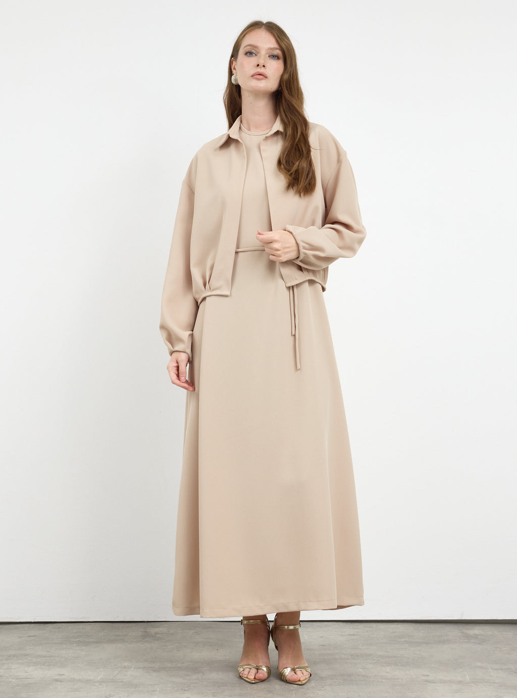 Three-Piece Dress & Jacket Set with Brooch and Slim Tie Belt