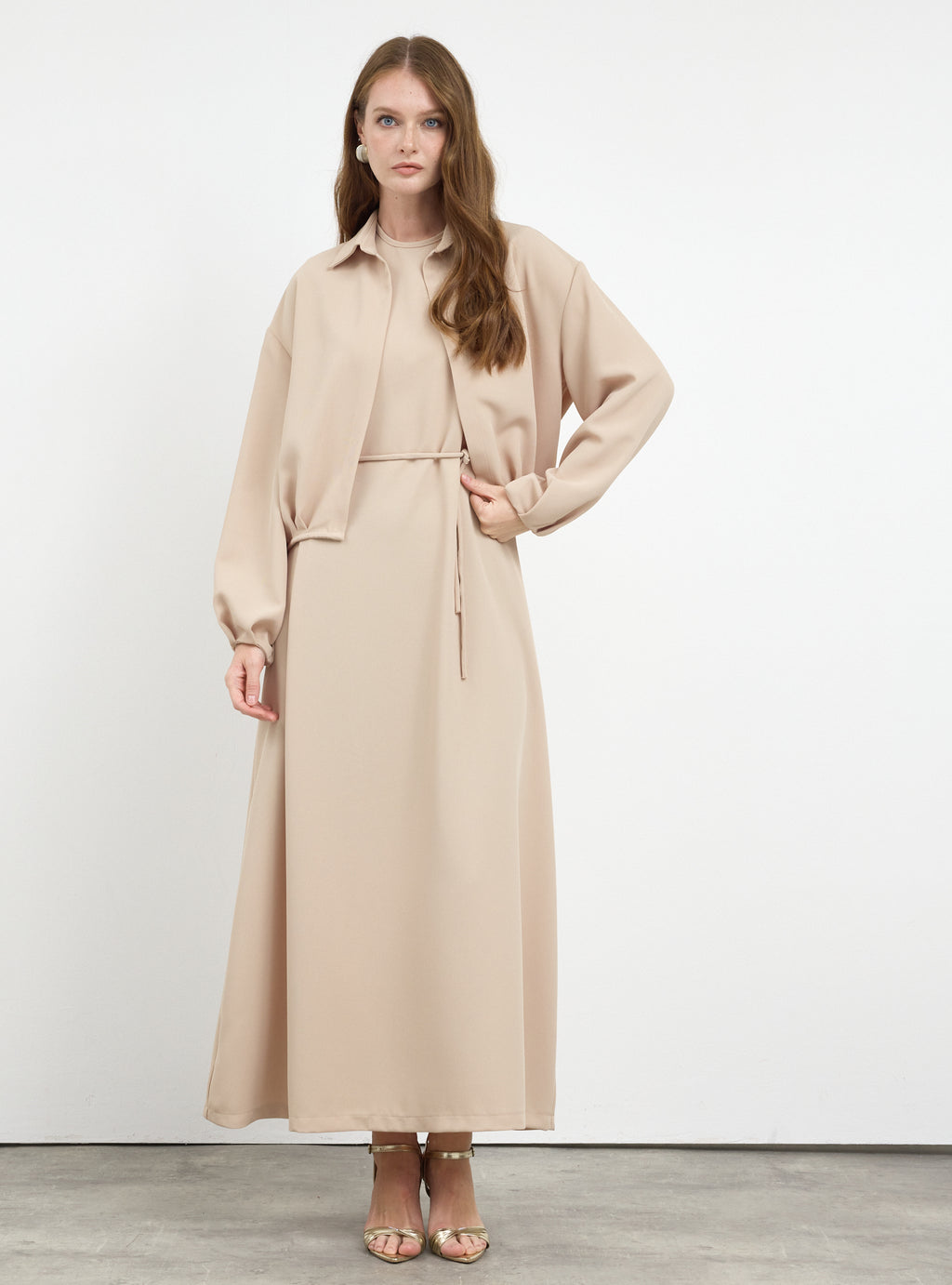 Three-Piece Dress & Jacket Set with Brooch and Slim Tie Belt
