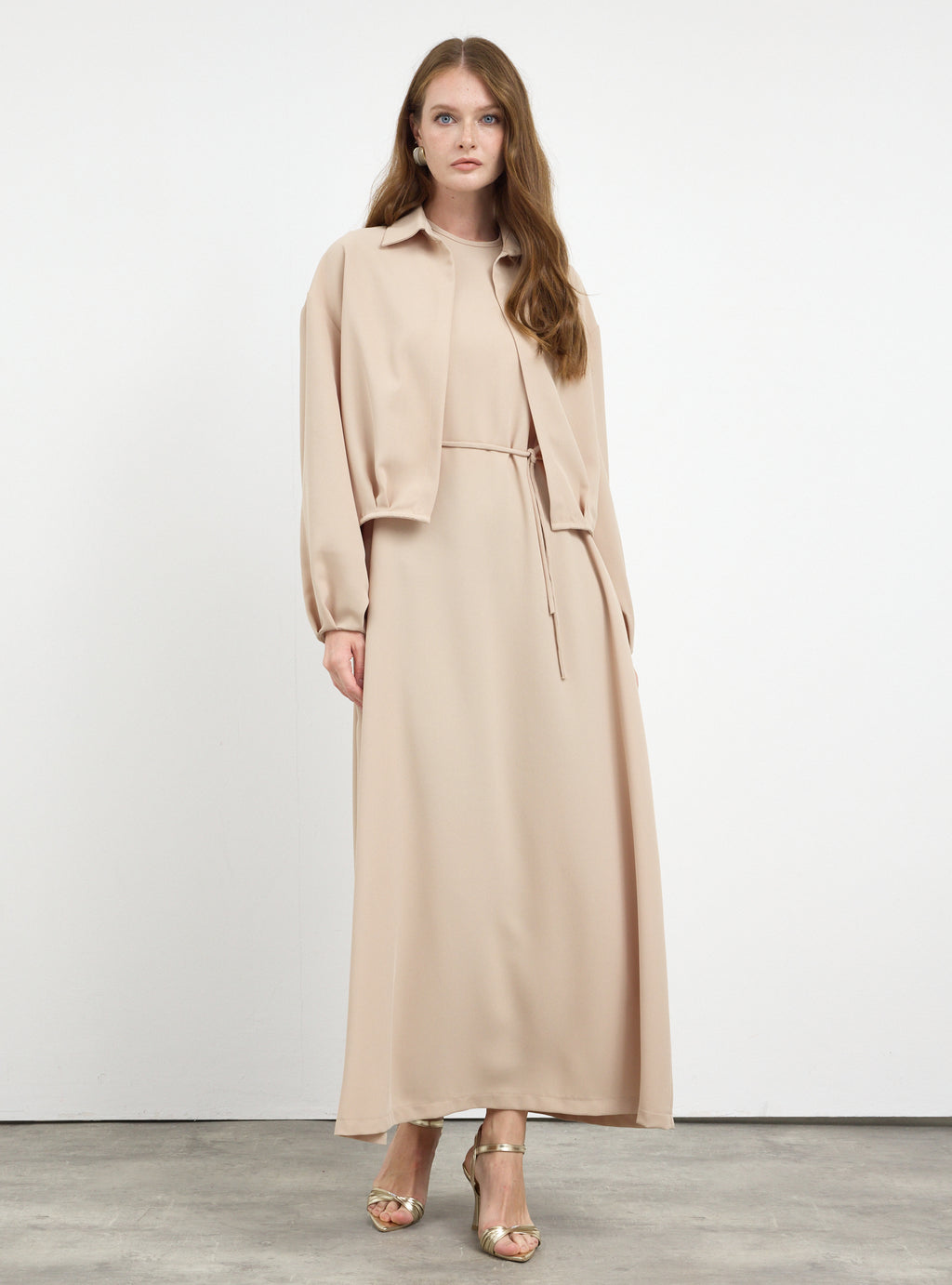 Three-Piece Dress & Jacket Set with Brooch and Slim Tie Belt