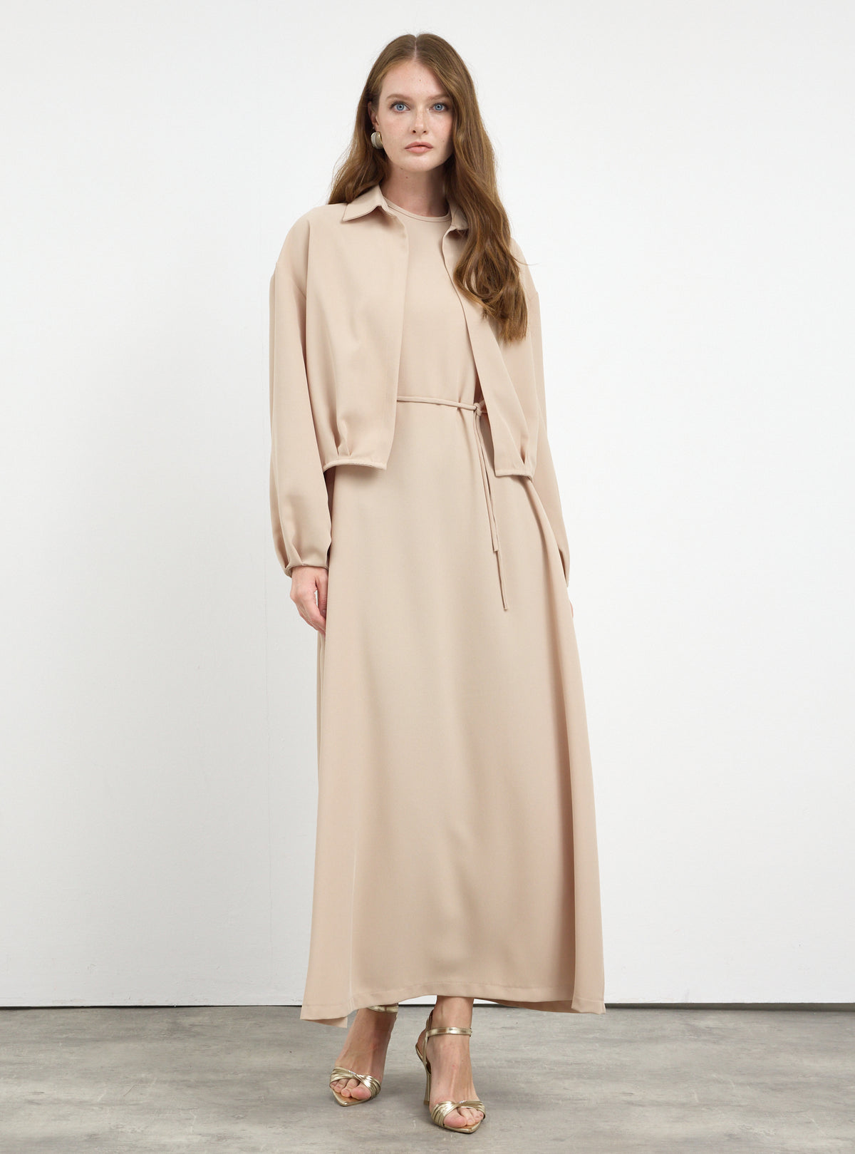 Three-Piece Dress & Jacket Set with Brooch and Slim Tie Belt