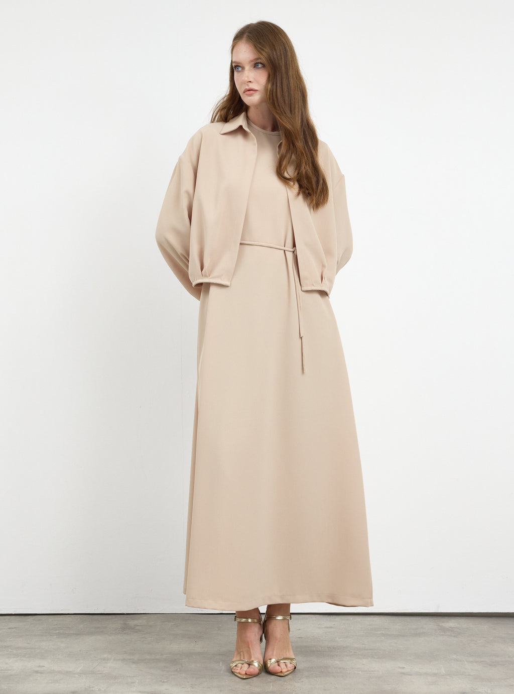 Three-Piece Dress & Jacket Set with Brooch and Slim Tie Belt