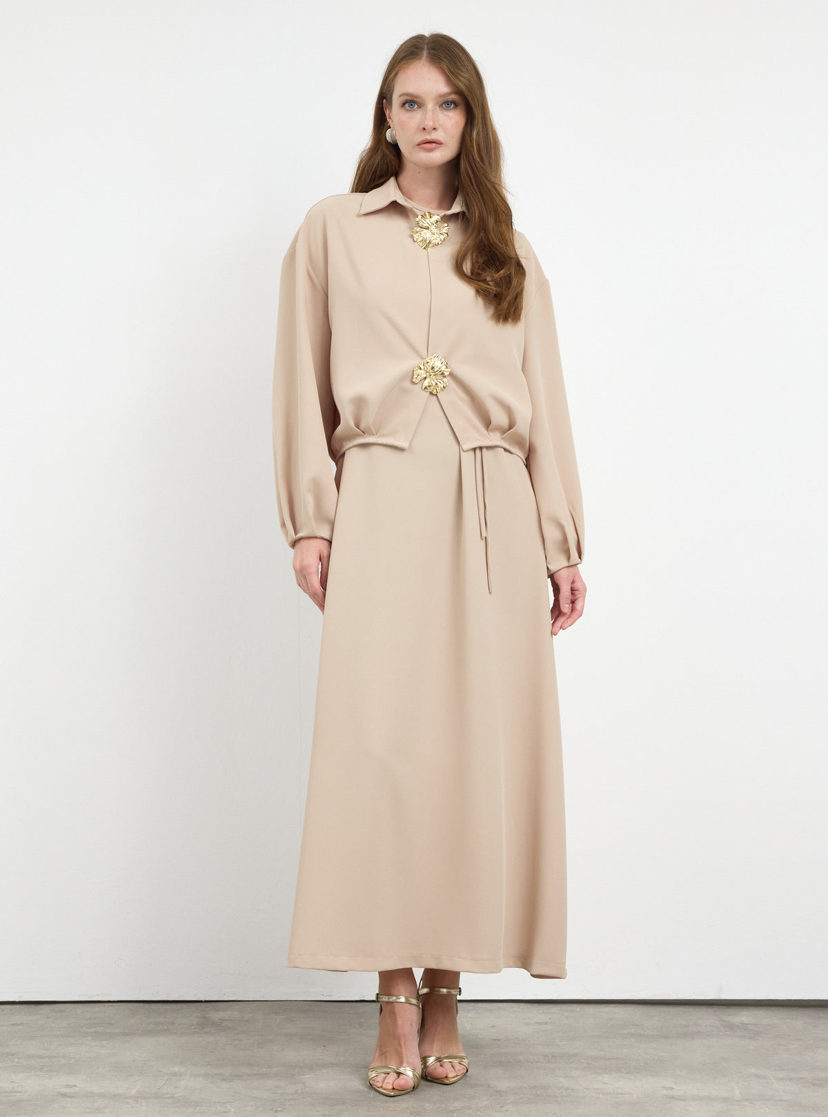 Three-Piece Dress & Jacket Set with Brooch and Slim Tie Belt