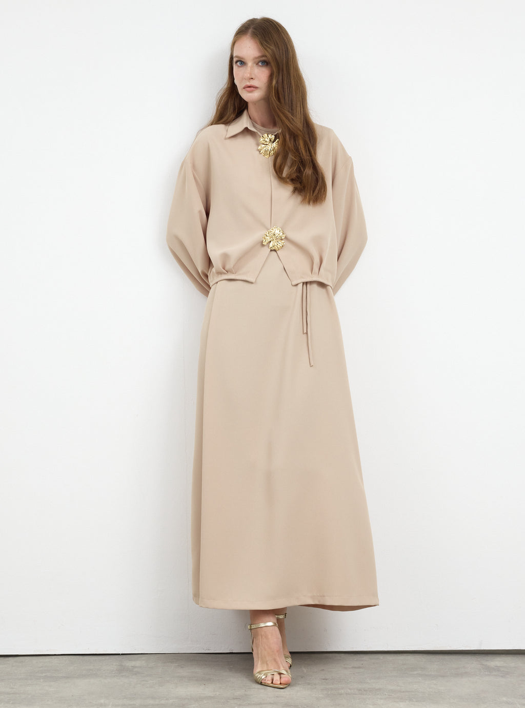 Three-Piece Dress & Jacket Set with Brooch and Slim Tie Belt