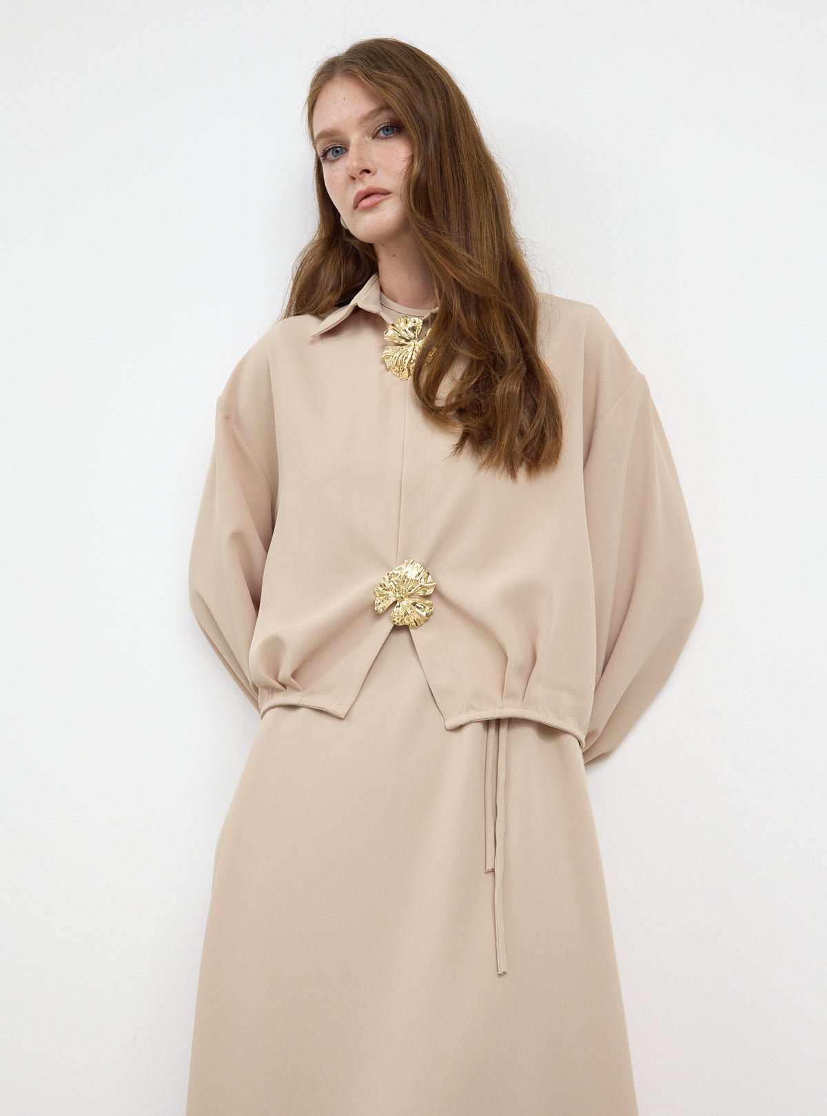 Three-Piece Dress & Jacket Set with Brooch and Slim Tie Belt