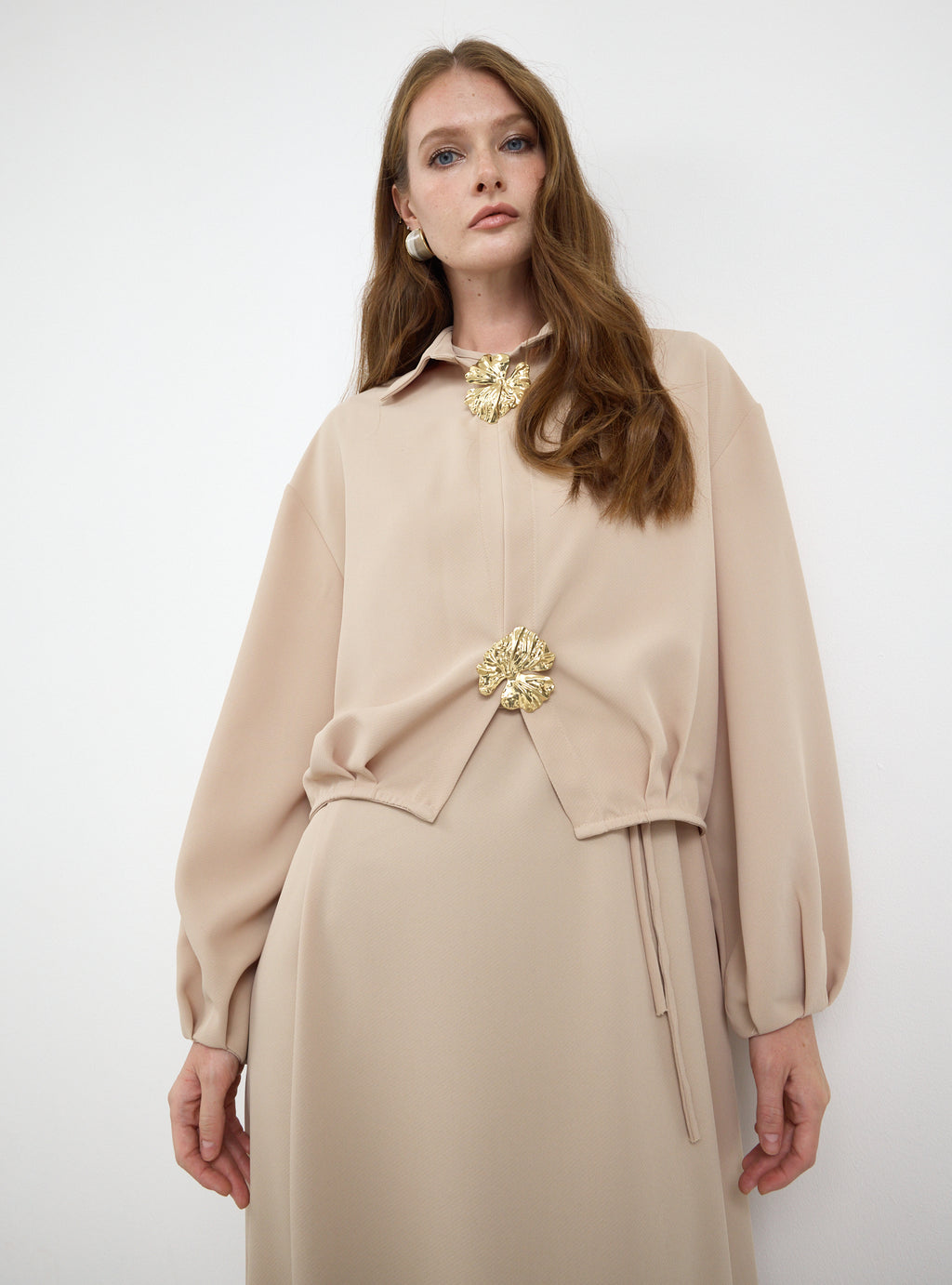 Three-Piece Dress & Jacket Set with Brooch and Slim Tie Belt