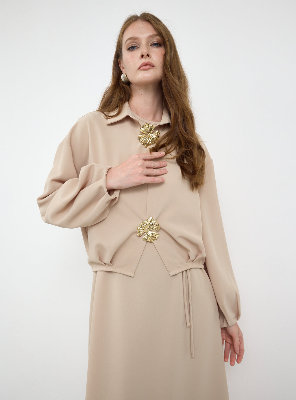 Three-Piece Dress & Jacket Set with Brooch and Slim Tie Belt