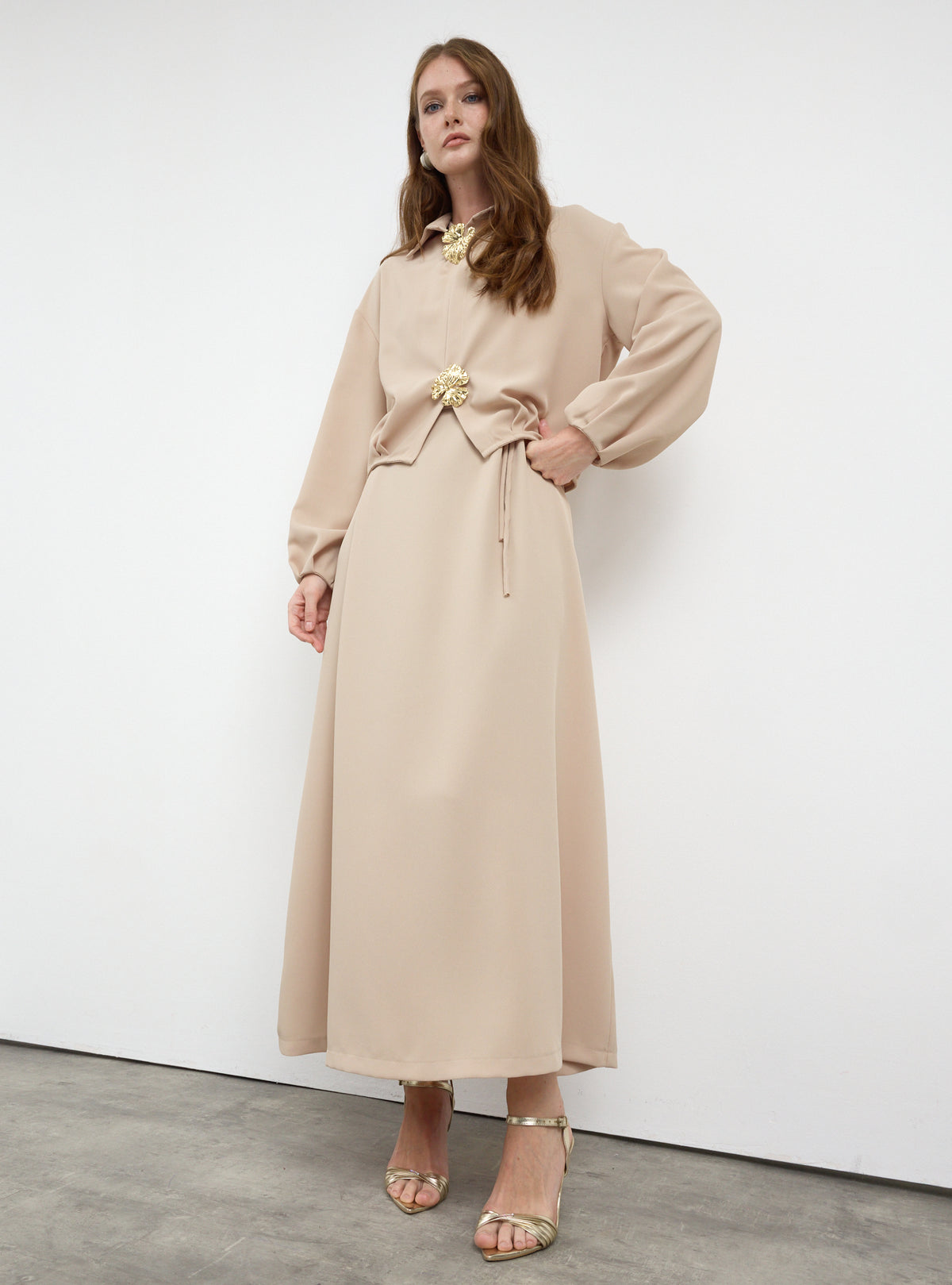 Three-Piece Dress & Jacket Set with Brooch and Slim Tie Belt