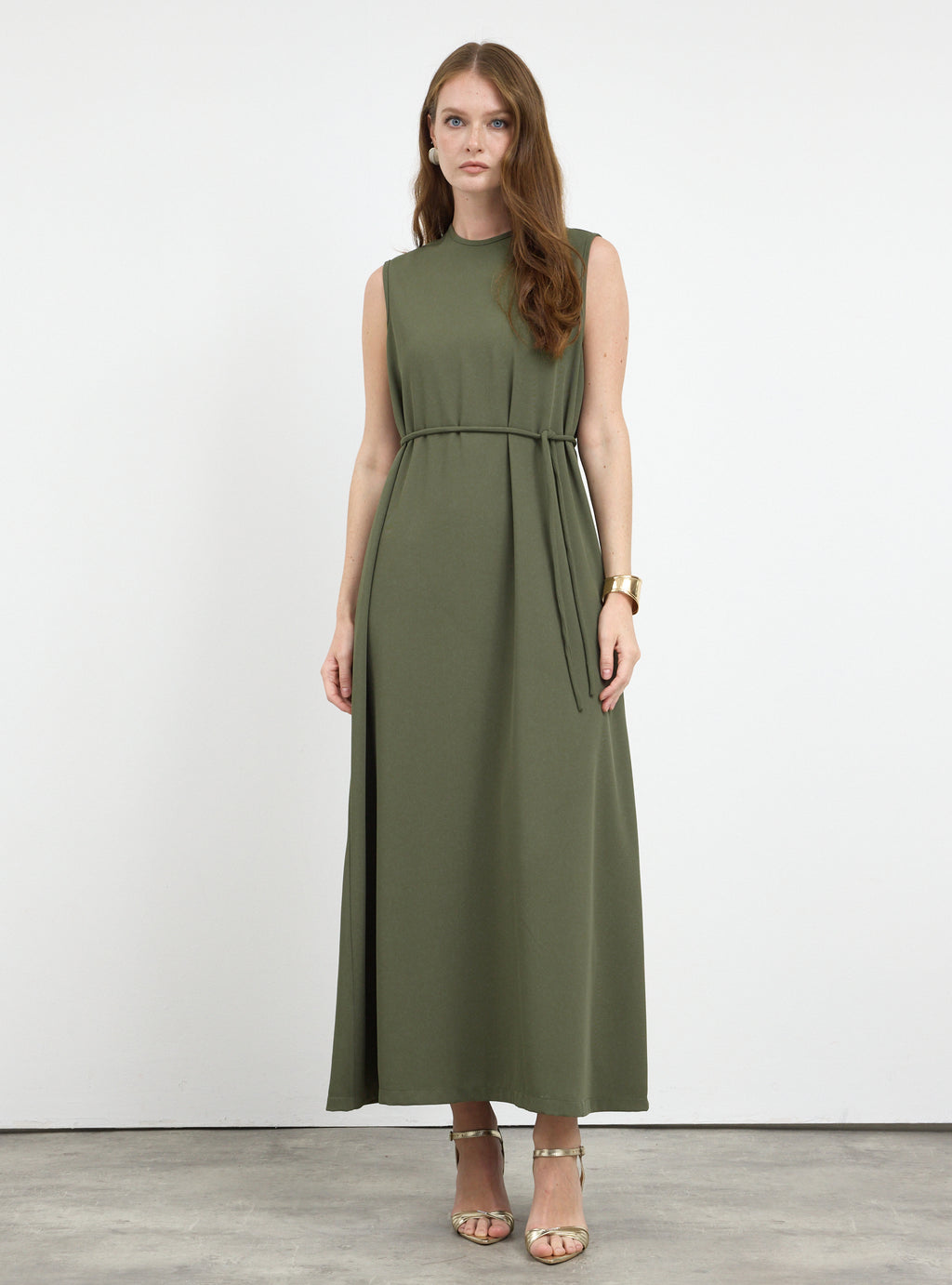 Three-Piece Dress & Jacket Set with Brooch and Slim Tie Belt Green