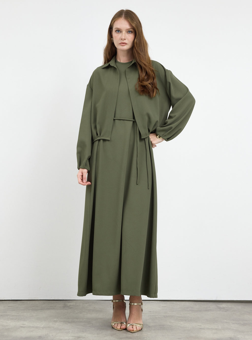 Three-Piece Dress & Jacket Set with Brooch and Slim Tie Belt Green