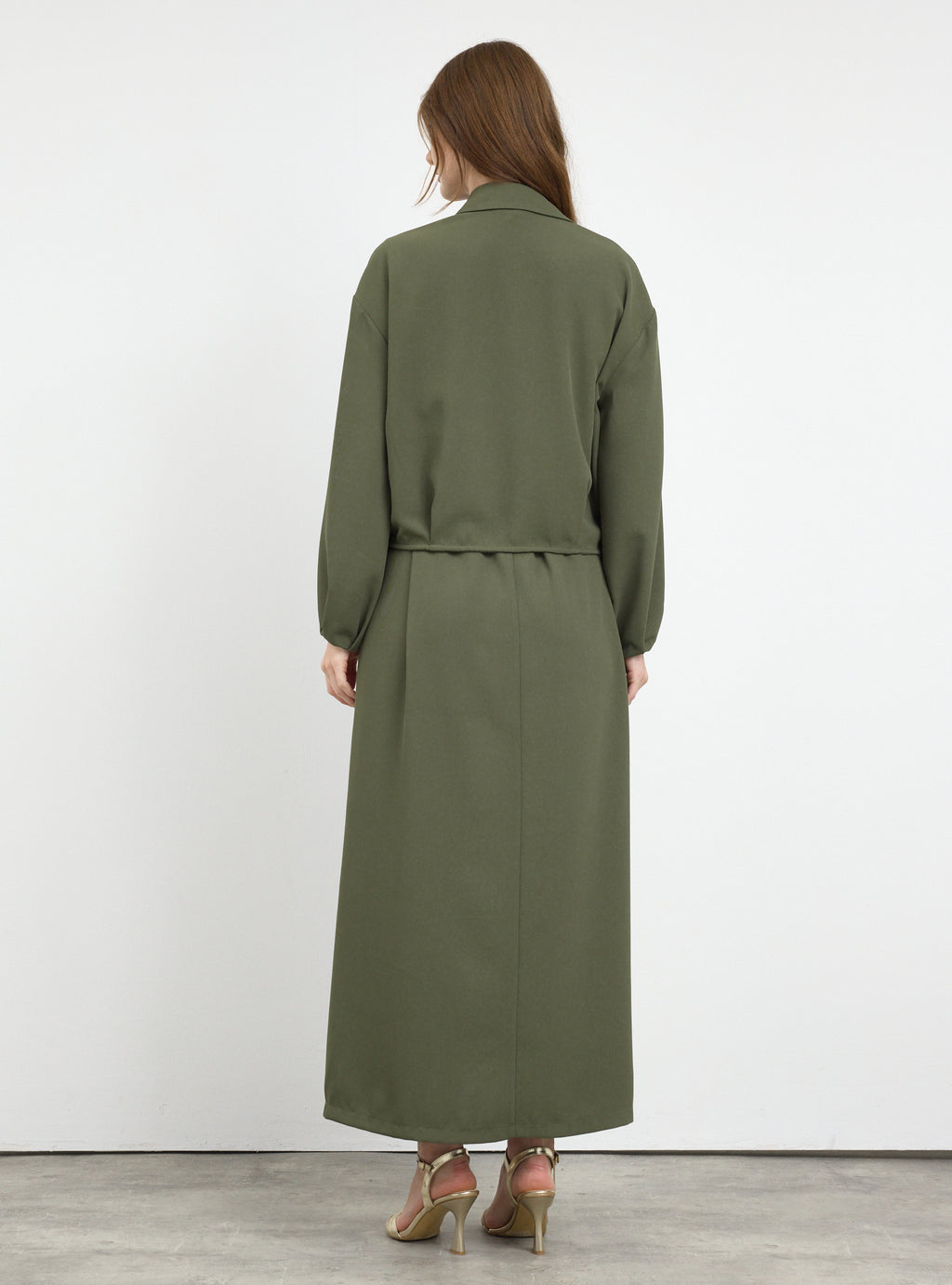 Three-Piece Dress & Jacket Set with Brooch and Slim Tie Belt Green