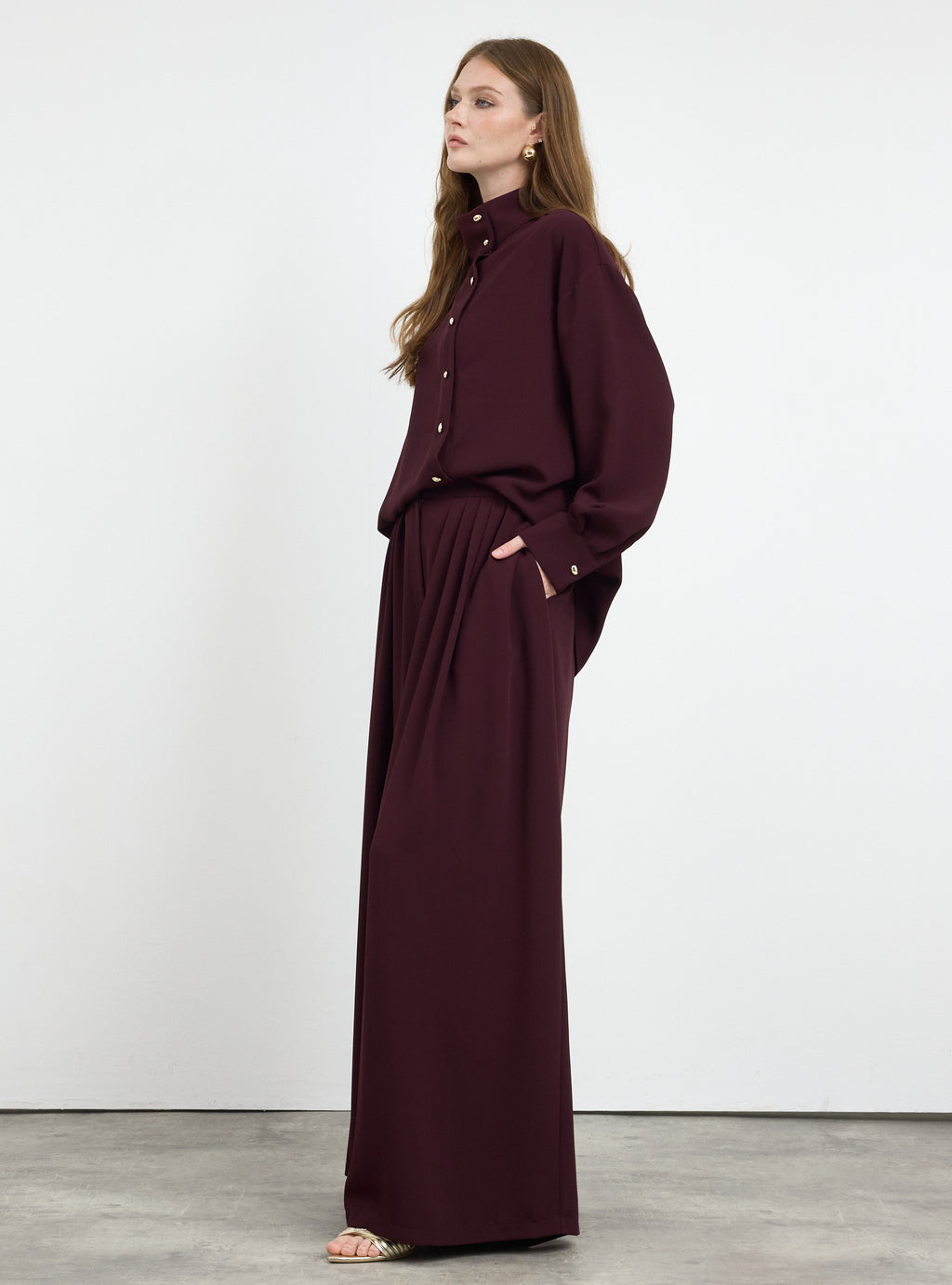 Burgundy Pleated Wide-Leg Trouser Shirt -Set - Store WF