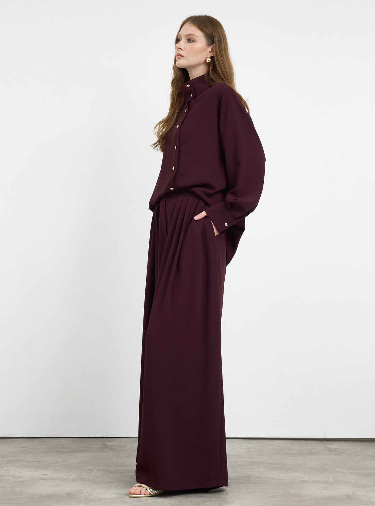 Burgundy Pleated Wide-Leg Trouser Shirt -Set - Store WF