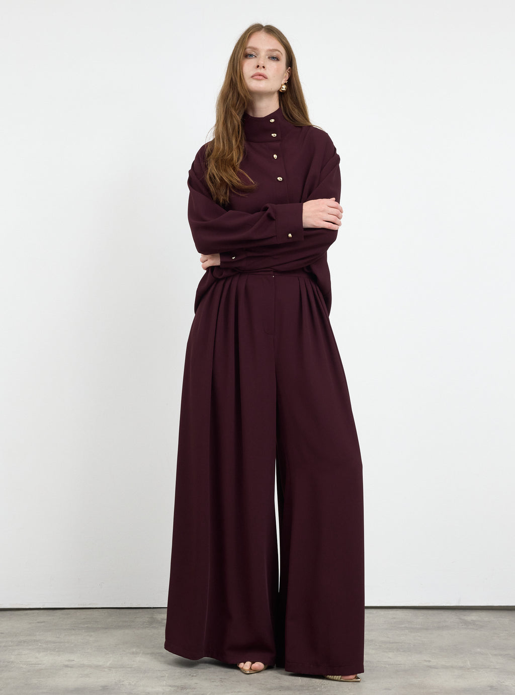 Burgundy Pleated Wide-Leg Trouser Shirt -Set - Store WF