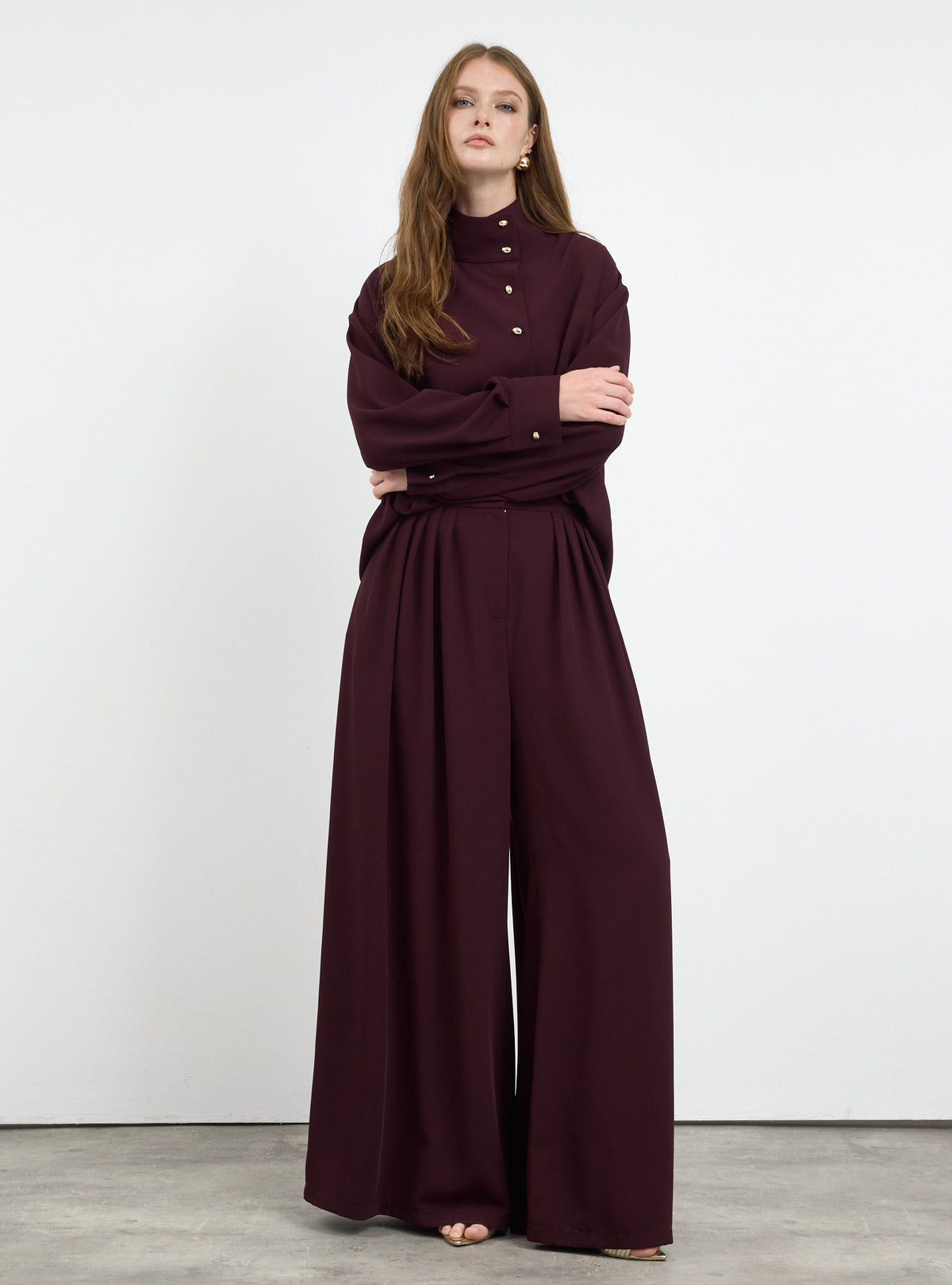 Burgundy Pleated Wide-Leg Trouser Shirt -Set - Store WF