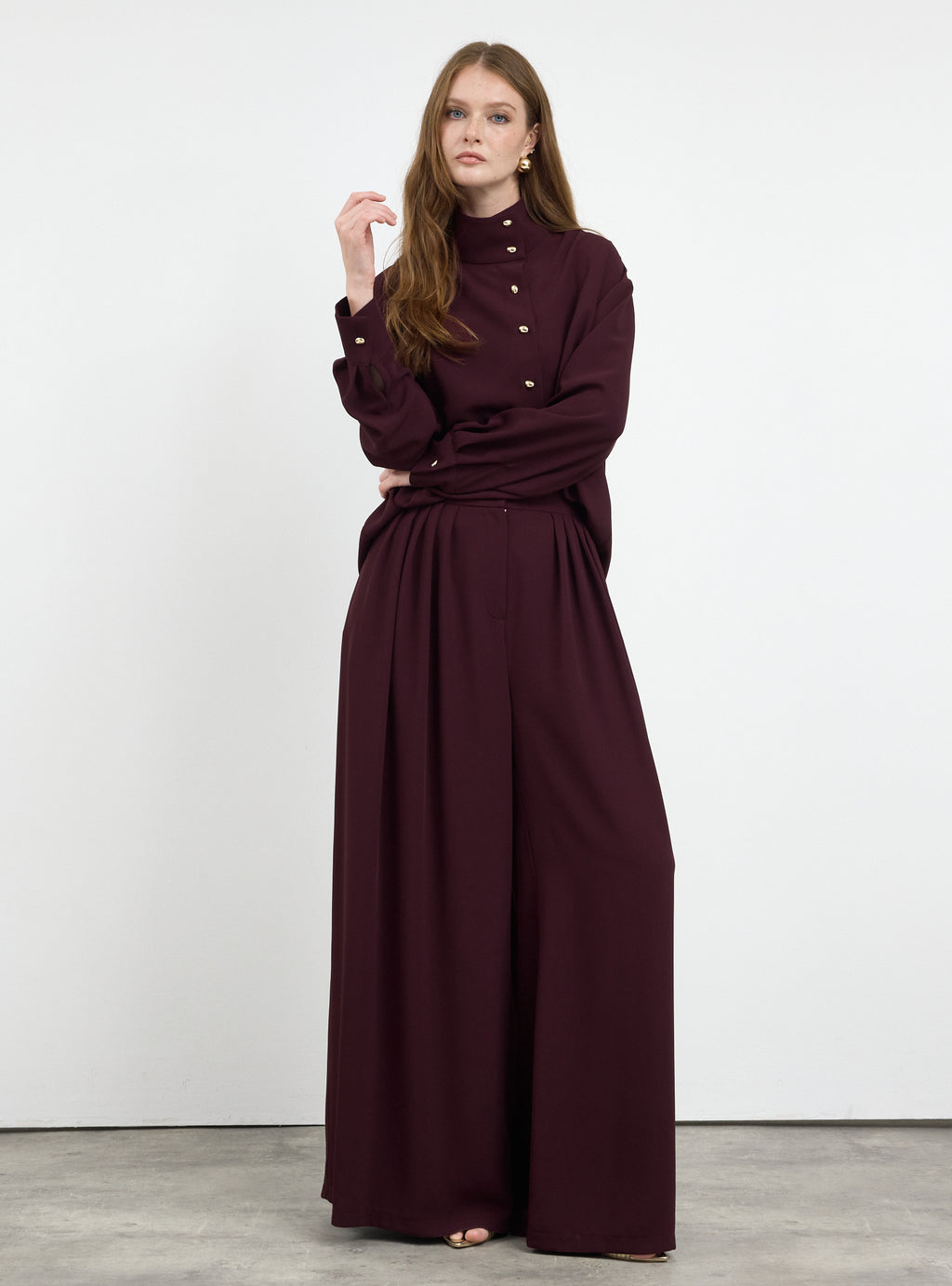 Burgundy Pleated Wide-Leg Trouser Shirt -Set - Store WF