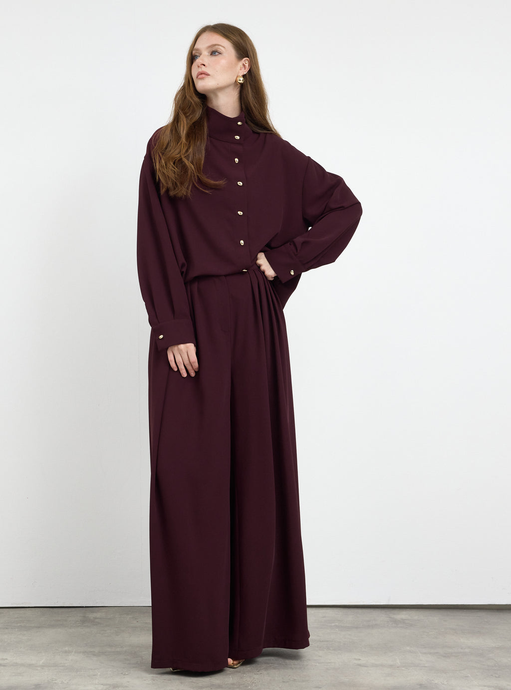 Burgundy Pleated Wide-Leg Trouser Shirt -Set - Store WF