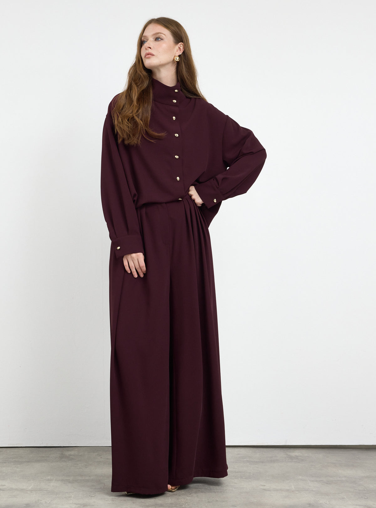 Burgundy Pleated Wide-Leg Trouser Shirt -Set - Store WF