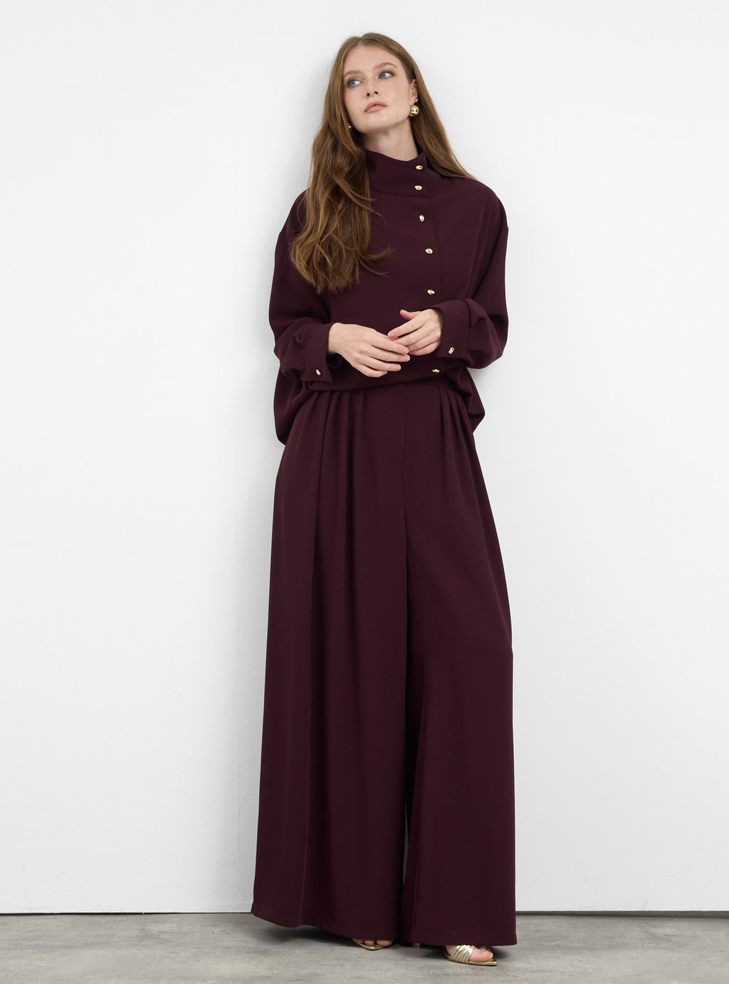 Burgundy Pleated Wide-Leg Trouser Shirt -Set - Store WF