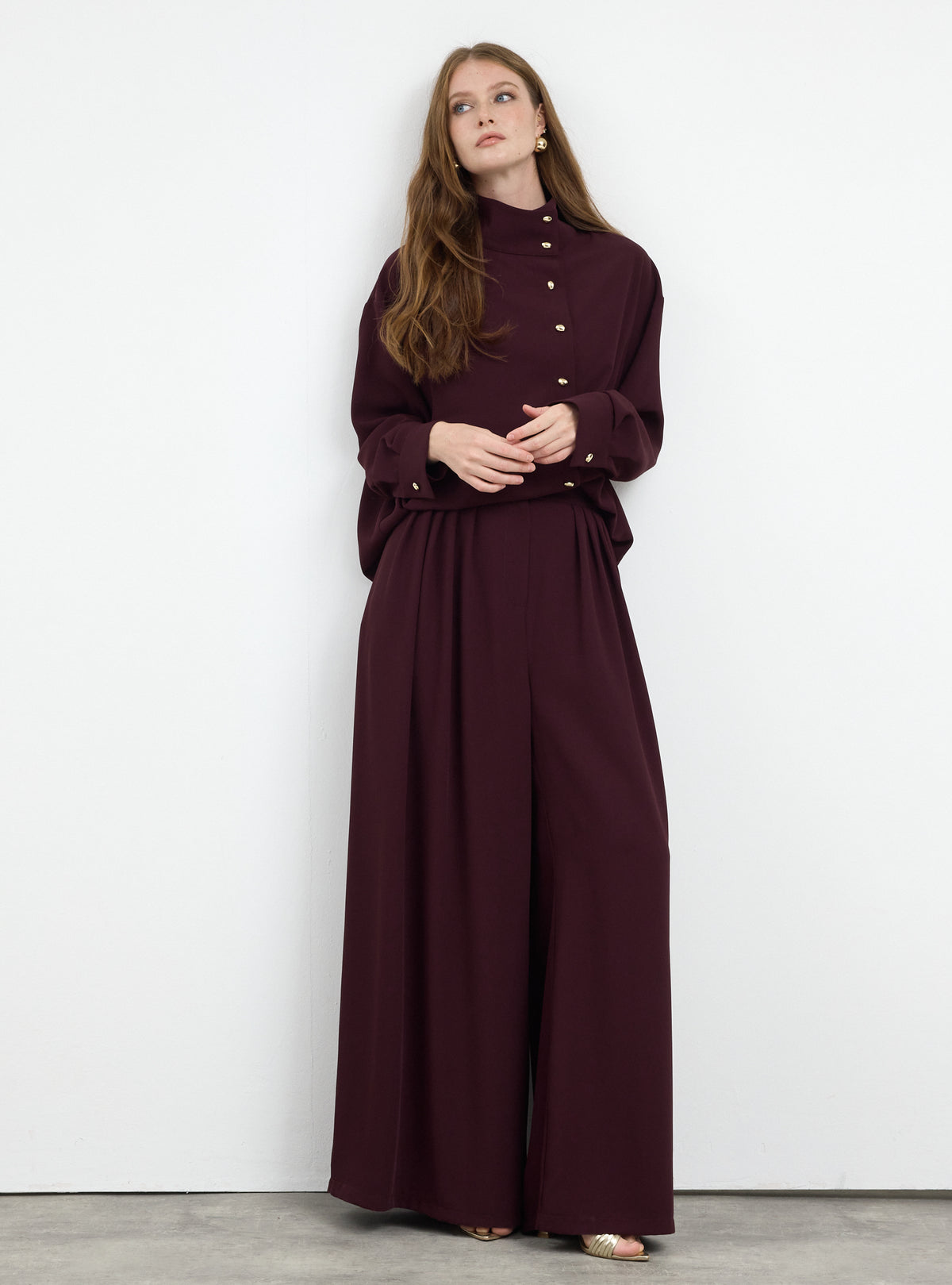 Burgundy Pleated Wide-Leg Trouser Shirt -Set - Store WF