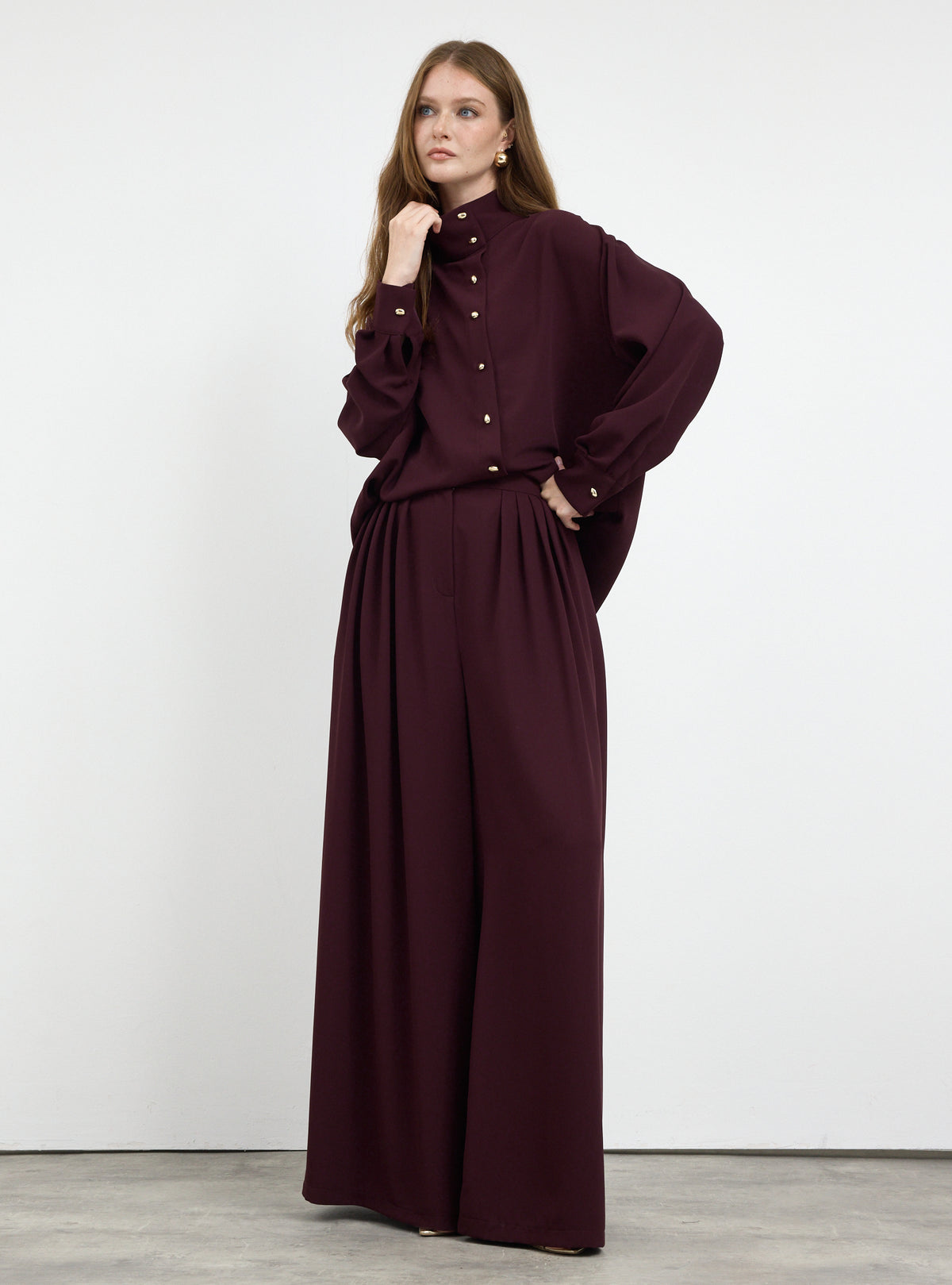 Burgundy Pleated Wide-Leg Trouser Shirt -Set - Store WF