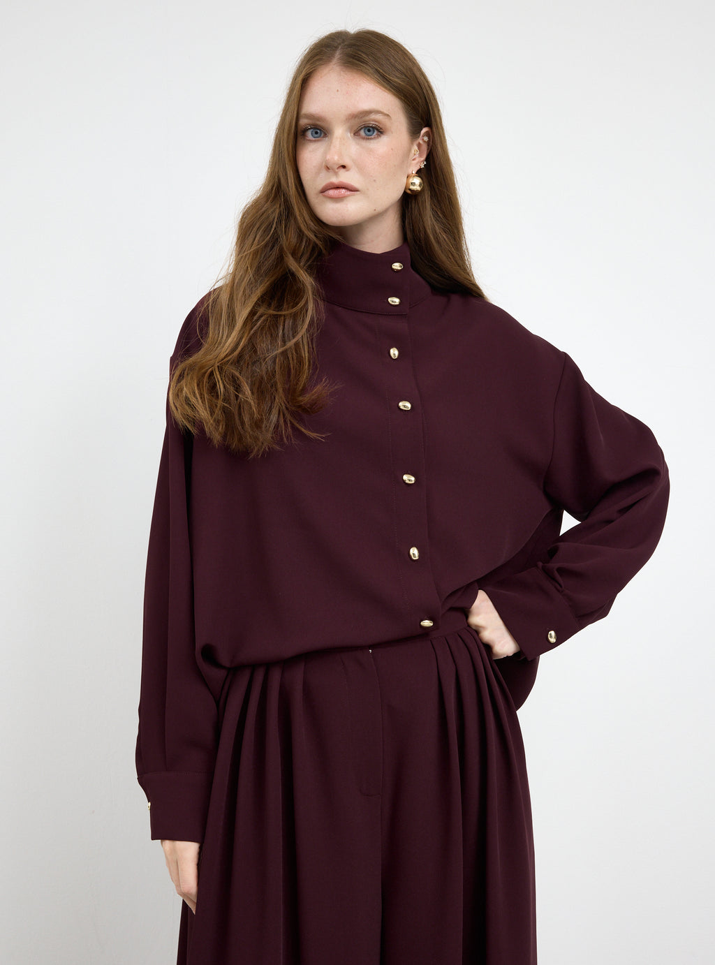 Burgundy Pleated Wide-Leg Trouser Shirt -Set - Store WF