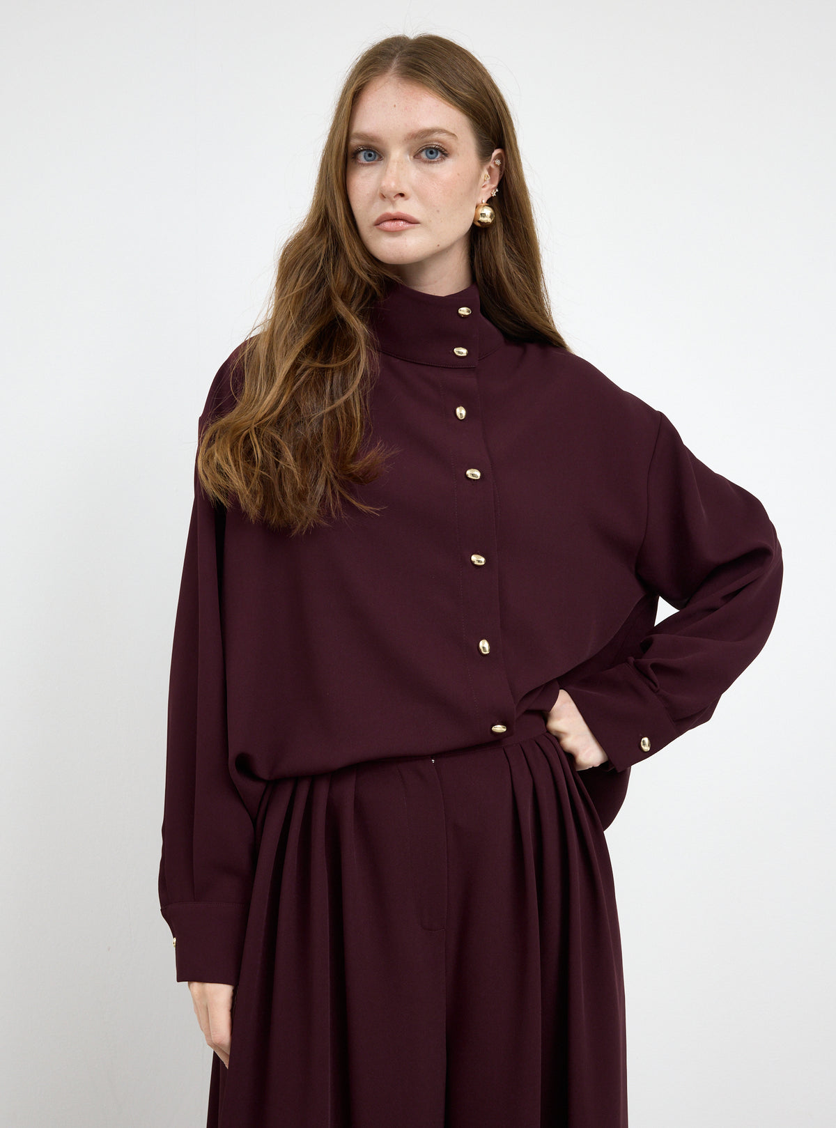 Burgundy Pleated Wide-Leg Trouser Shirt -Set - Store WF
