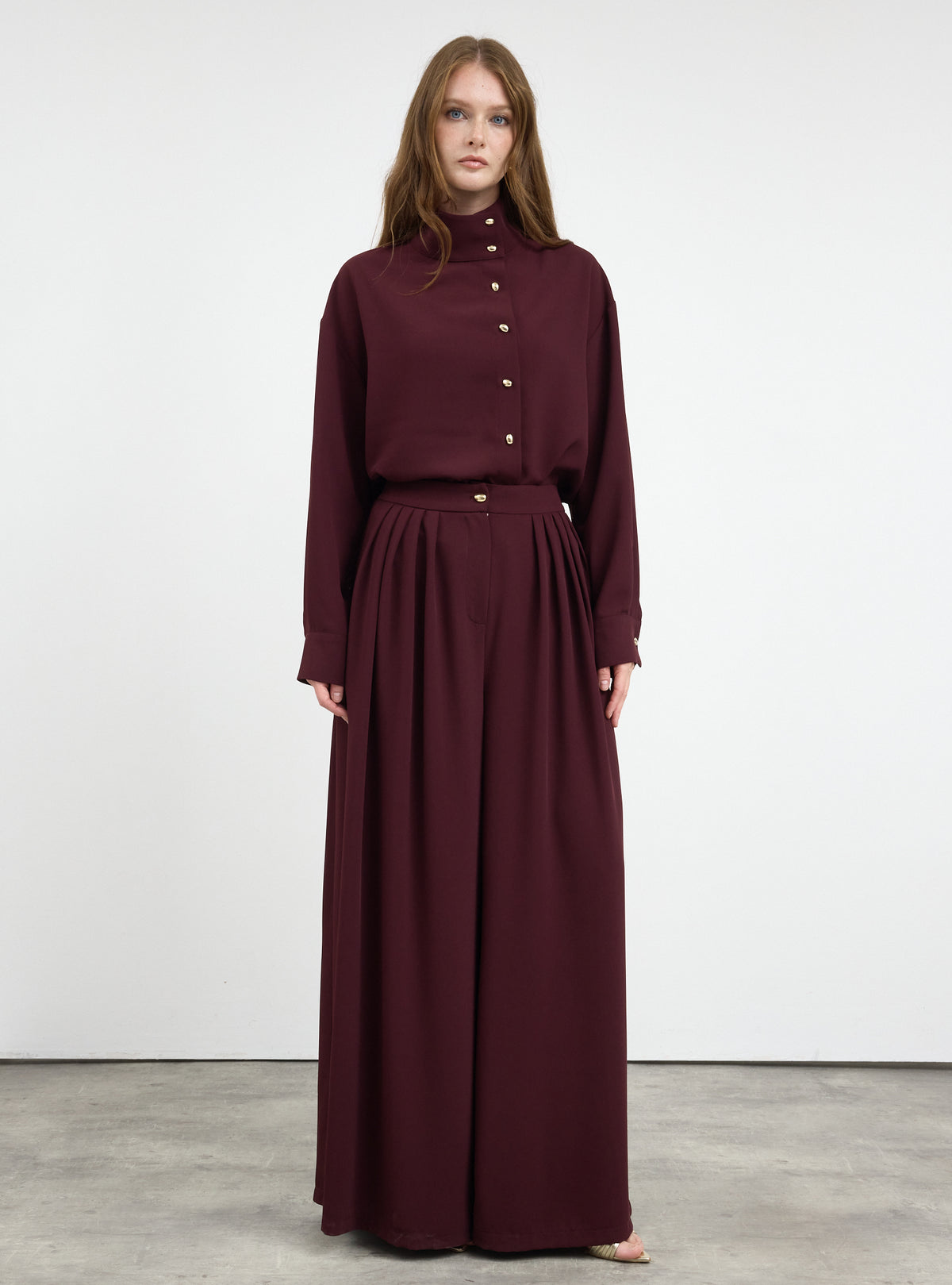 Burgundy Pleated Wide-Leg Trouser Shirt -Set - Store WF