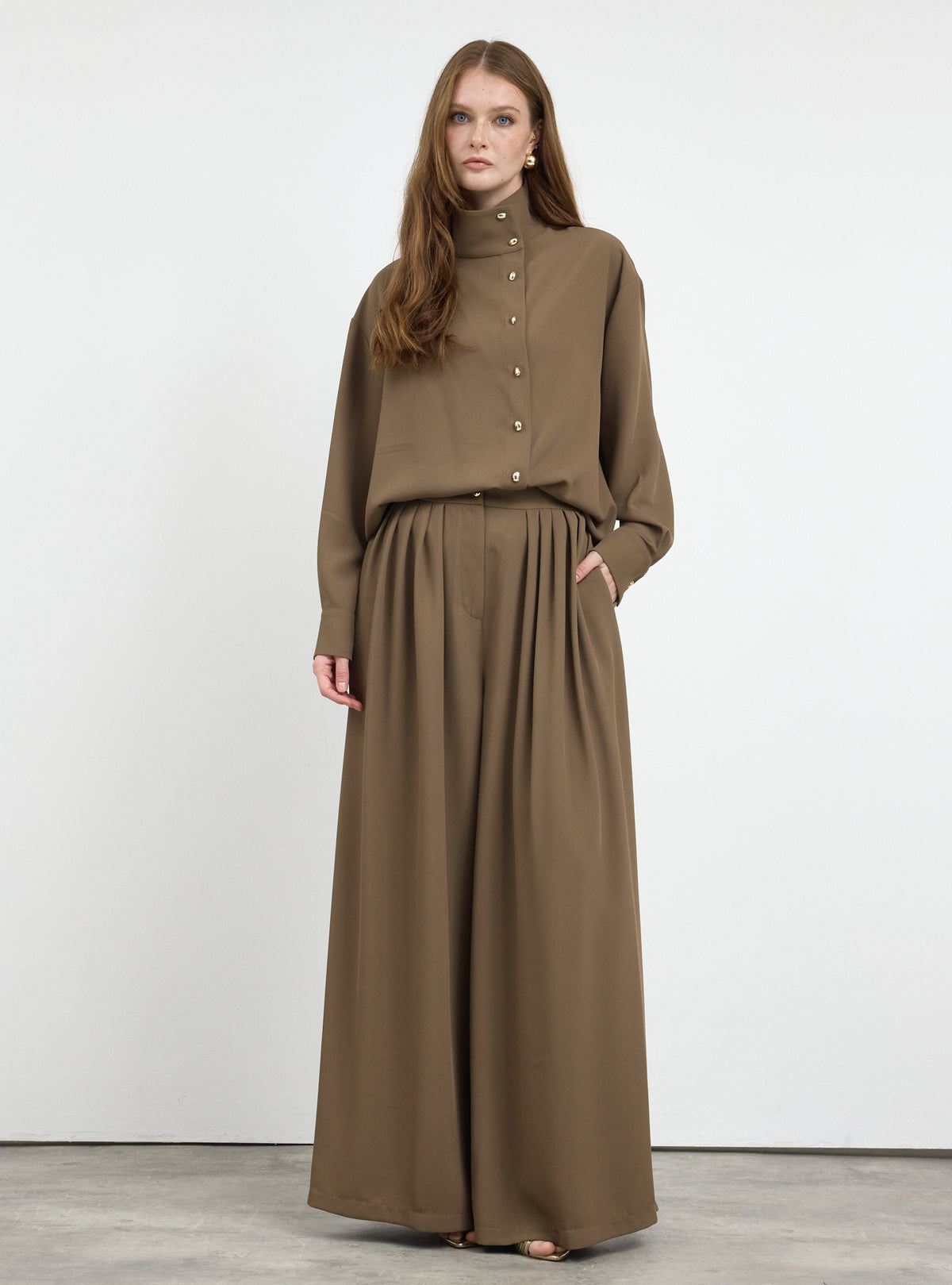 Brown Pleated Wide-Leg Trouser Shirt -Set - Store WF